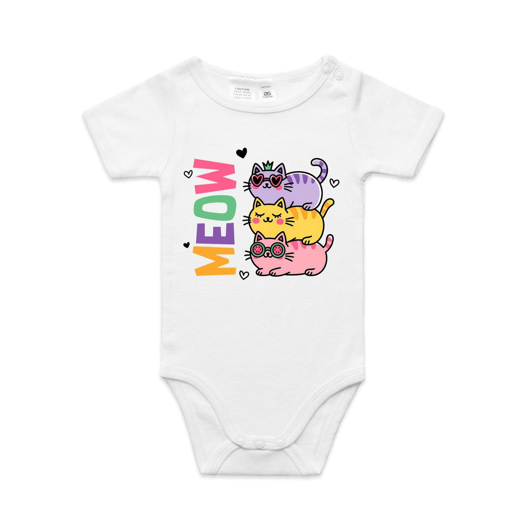 Meow, Colourful Cats AS Colour Baby Bodysuit White Baby Bodysuit animal Printed In Australia