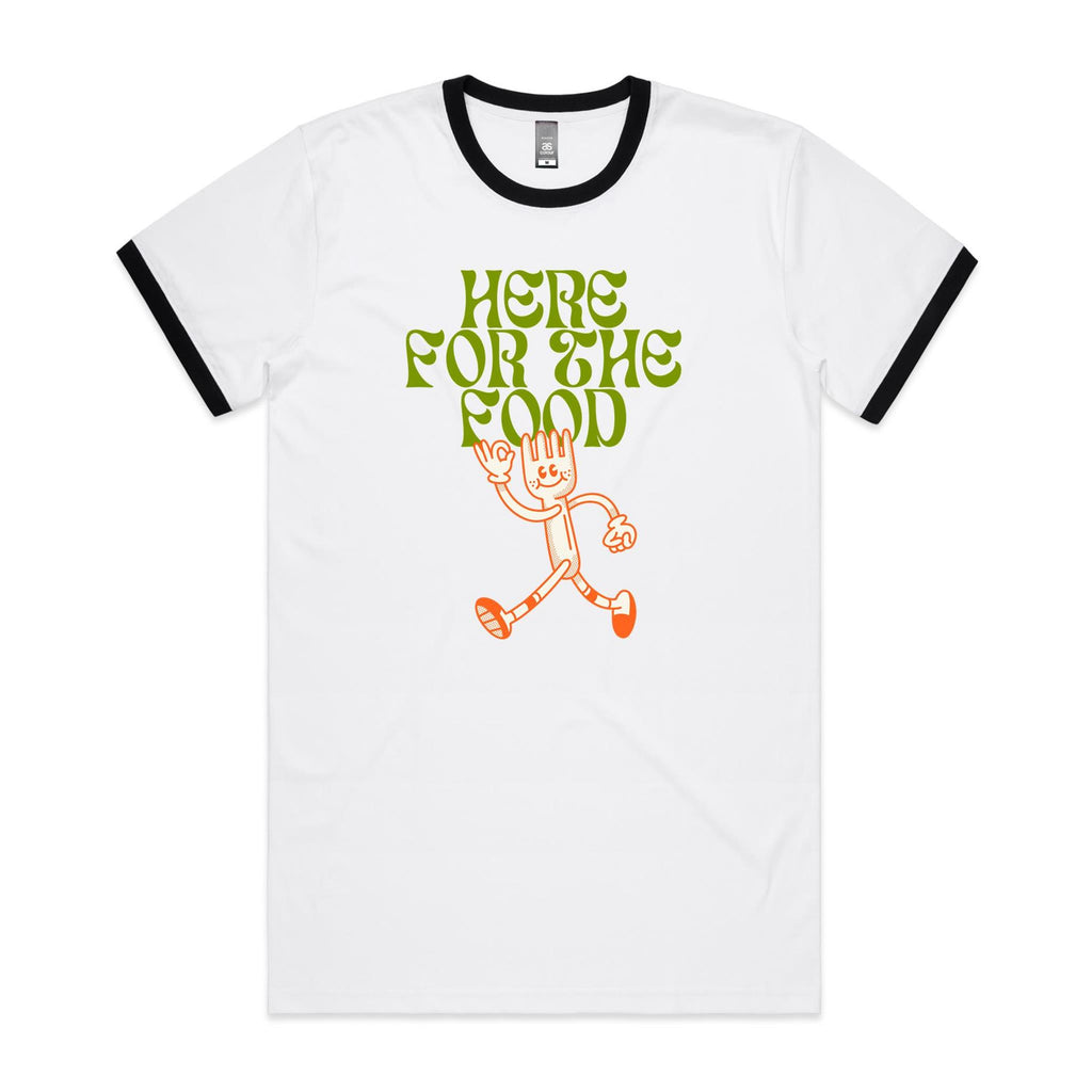 Here For The Food - Staple Ringer Tee White Black Ringer T-Shirt Food Printed In Australia