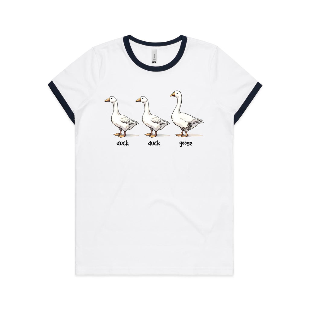 Duck Duck Goose - Women's Ringer Tee White Navy Womens Ringer T-shirt animal Games Printed In Australia
