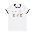 Duck Duck Goose - Women's Ringer Tee White Navy Womens Ringer T-shirt animal Games Printed In Australia