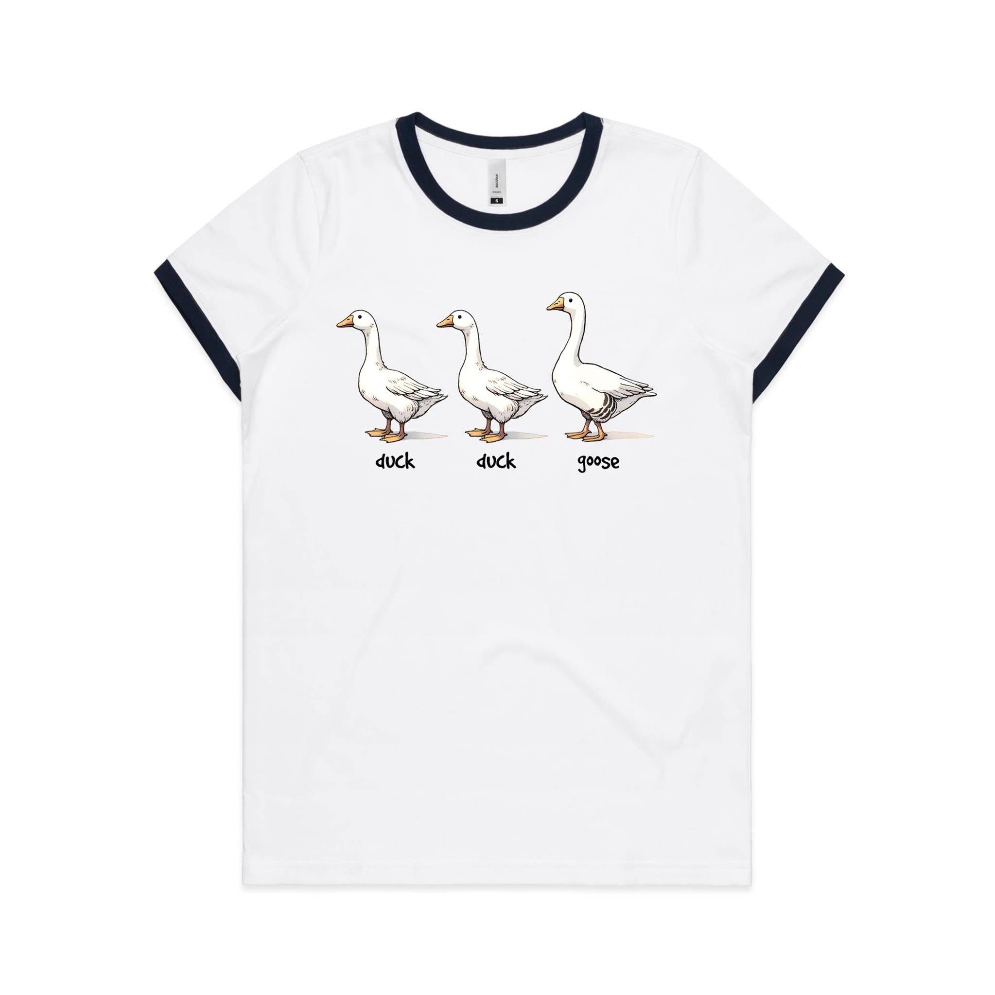 Duck Duck Goose - Women's Ringer Tee White Navy Womens Ringer T-shirt animal Games Printed In Australia