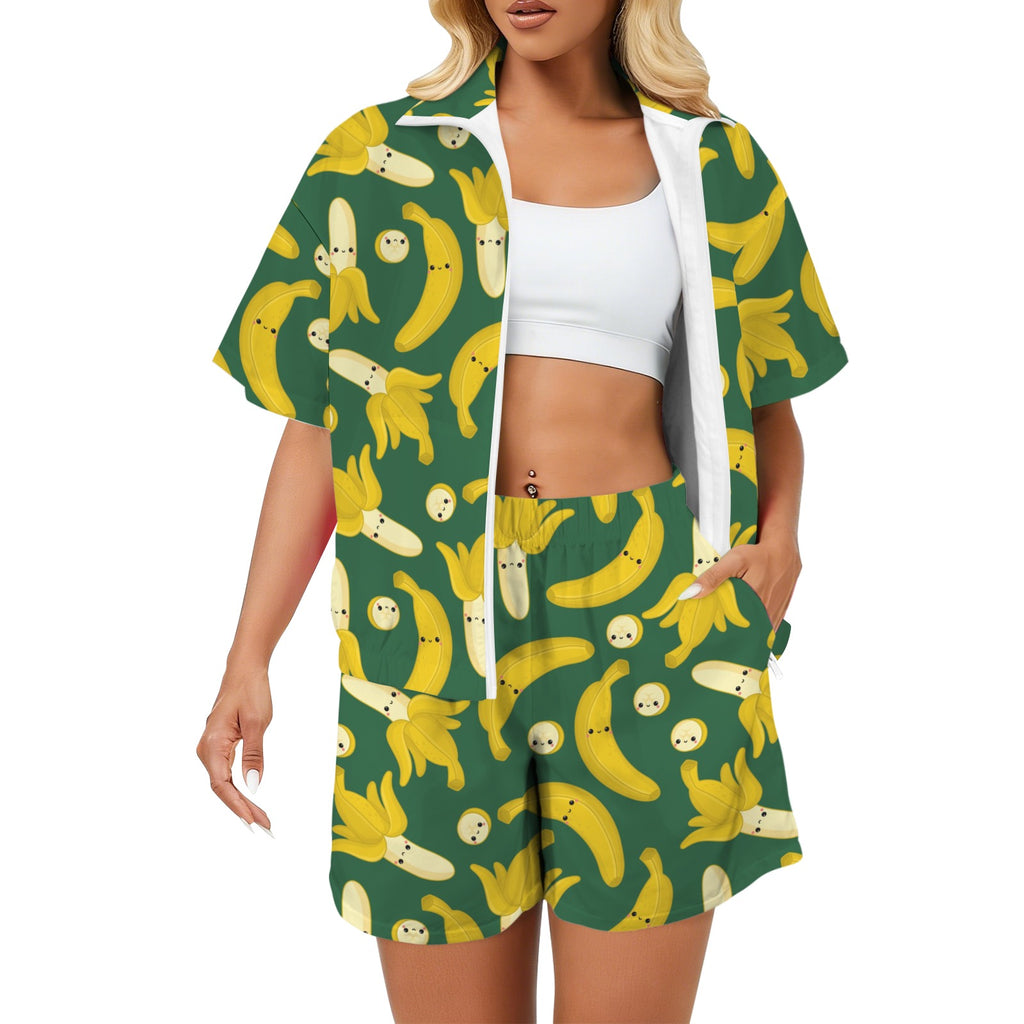 Happy Bananas Women's Windbreaker Short Set 2XL Women's Windbreaker Short Set Food Printed Offshore