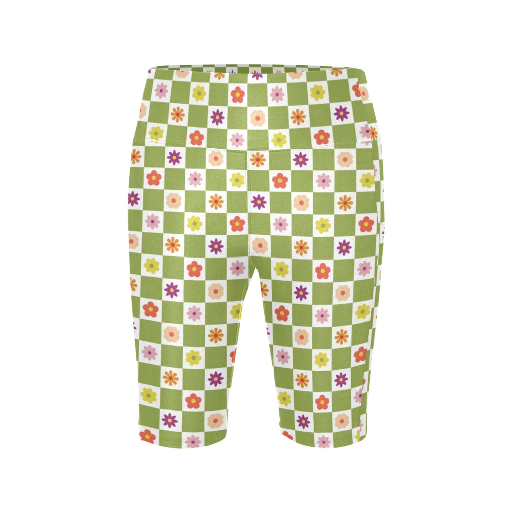 Flower Check Women's Bike Shorts With Side Pockets