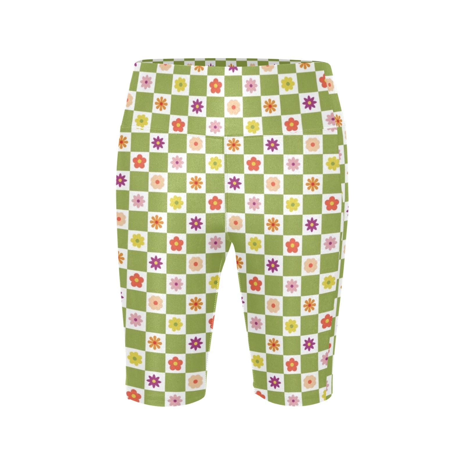 Flower Check Women's Bike Shorts With Side Pockets