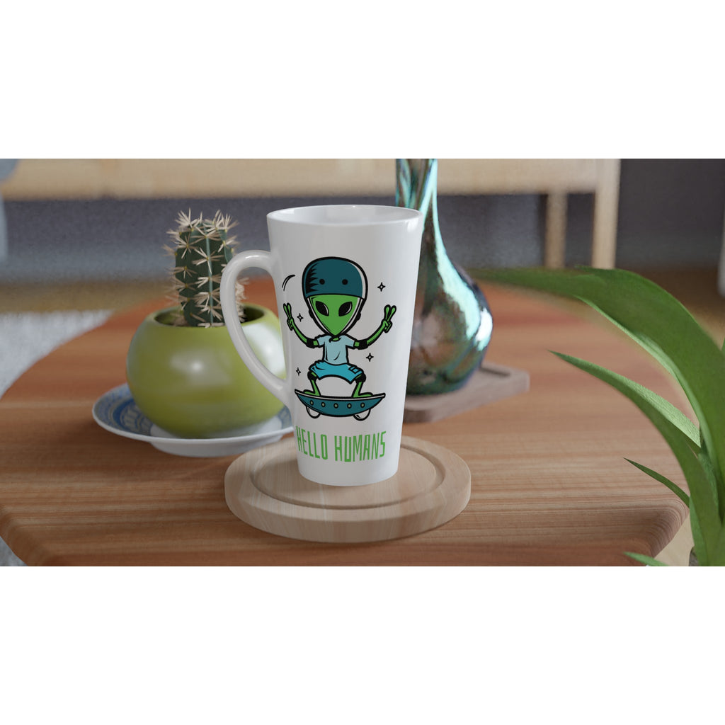 Hello Humans, Alien Skateboard - White Latte 17oz Ceramic Mug Latte Mug Globally Fulfilled Sci Fi