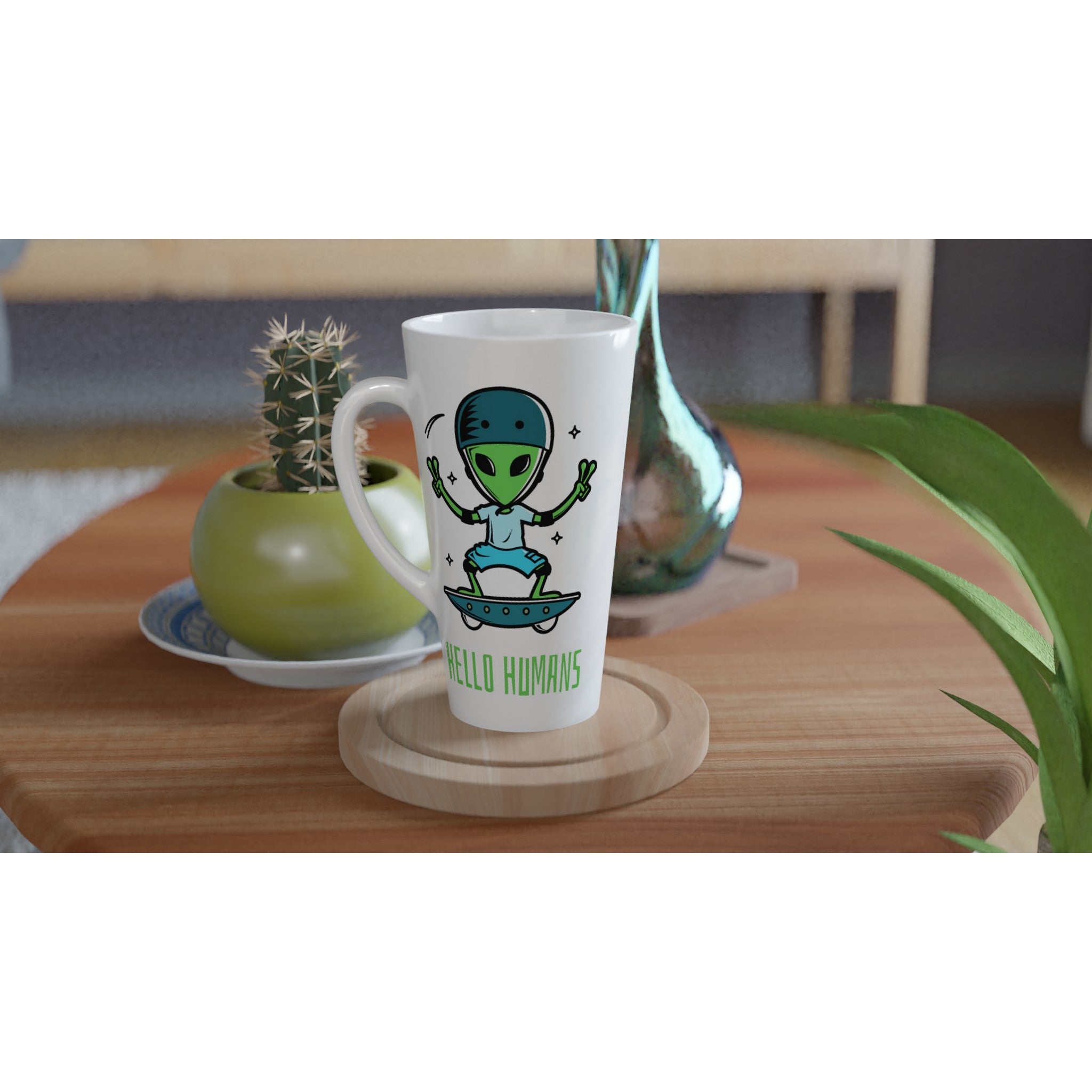 Hello Humans, Alien Skateboard - White Latte 17oz Ceramic Mug Latte Mug Globally Fulfilled Sci Fi