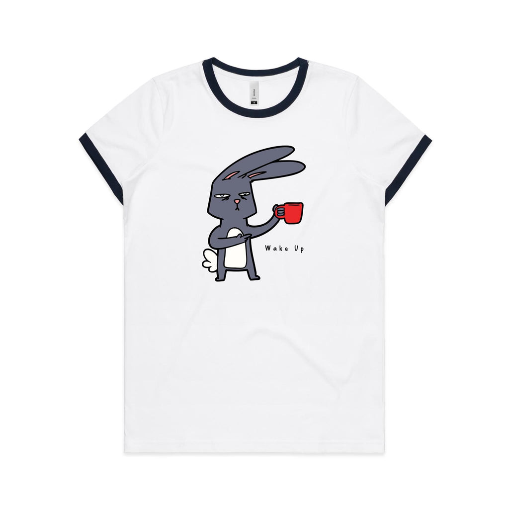 Wake Up, Coffee Rabbit - Women's Ringer Tee White Navy Womens Ringer T-shirt animal Coffee Printed In Australia