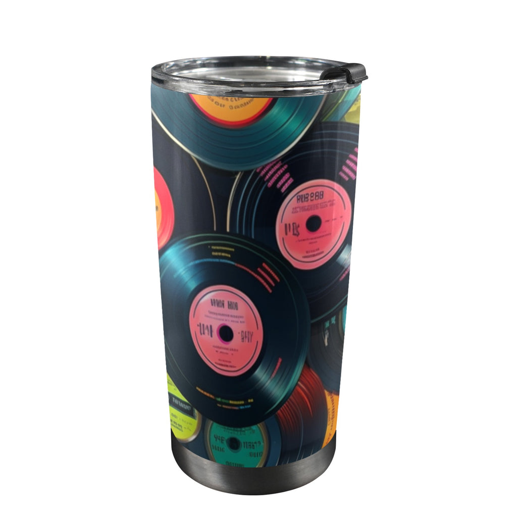 Retro Vinyl Records - 20oz Mobile Tumbler with Lid (Black Lock) One Size 20oz Travel Mug Music Printed Offshore