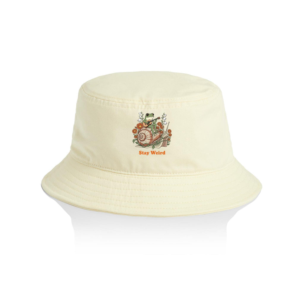 Stay Weird, Guitar Playing Frog On A Snail AS Colour Bucket Hat Butter One Size As Colour Bucket Hat animal Music Printed In Australia
