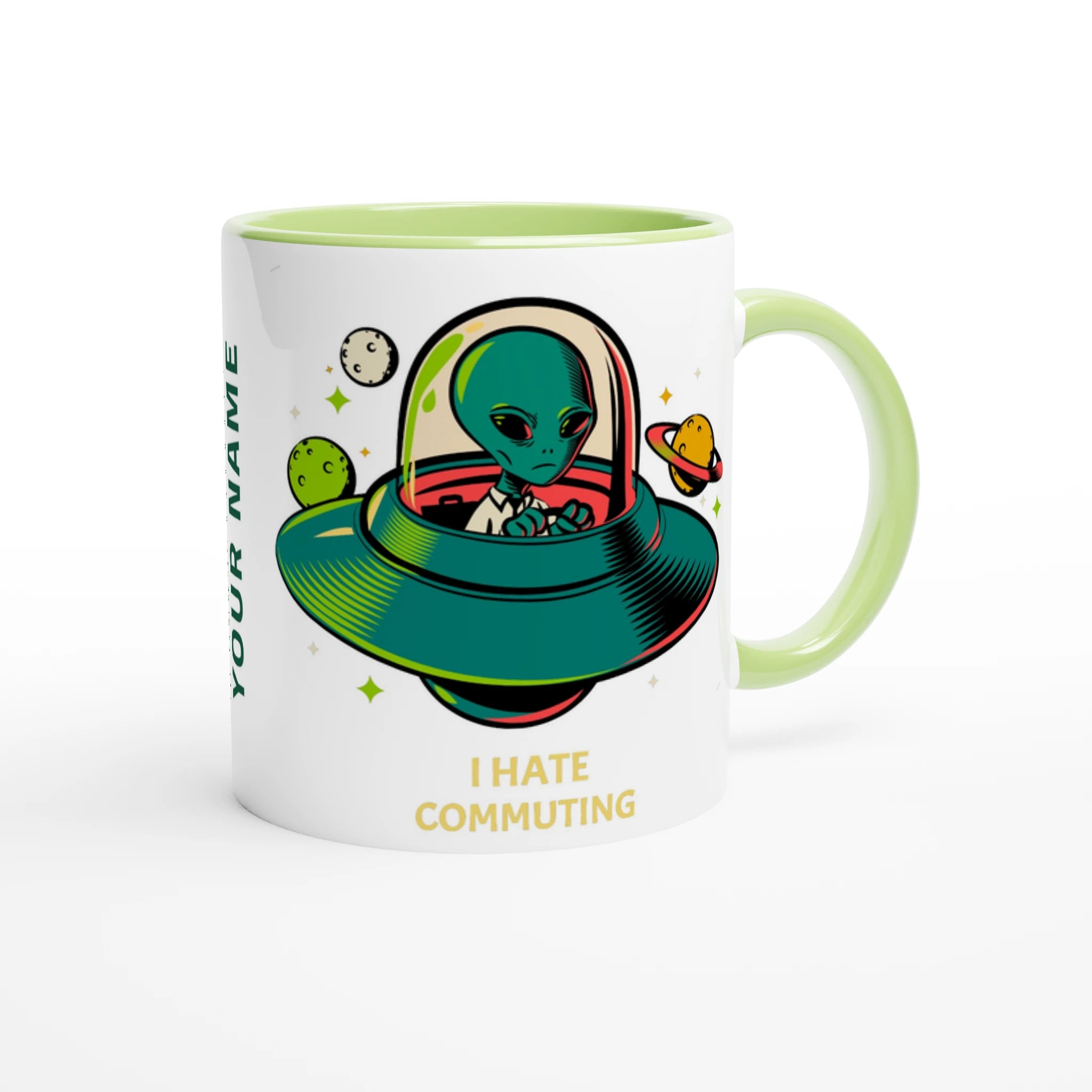 Personalise - Alien Commute, UFO - White 11oz Ceramic Mug Personalised Mug customise Globally Fulfilled personalise Sci Fi