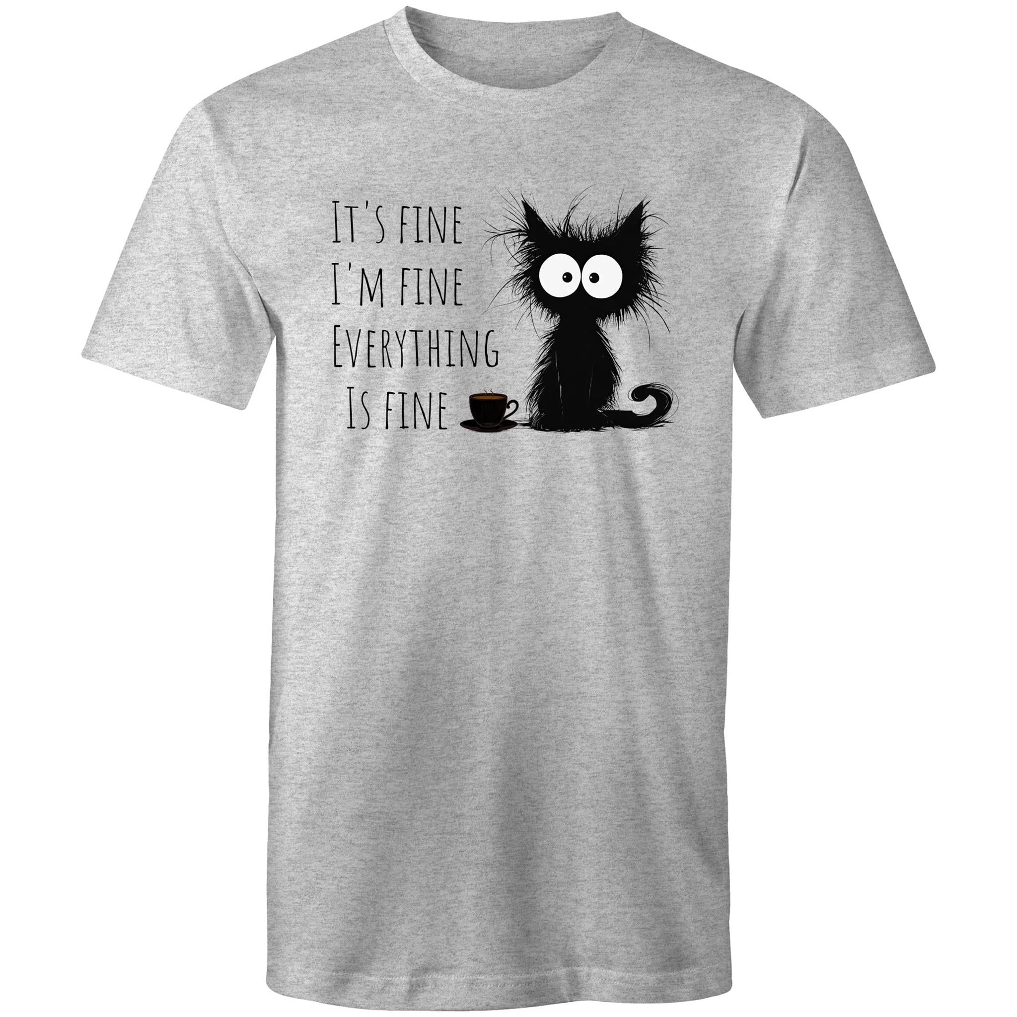 It's Fine, I'm Fine, Frazzled Cat - Mens T-Shirt Grey Marle Mens T-shirt animal Printed In Australia
