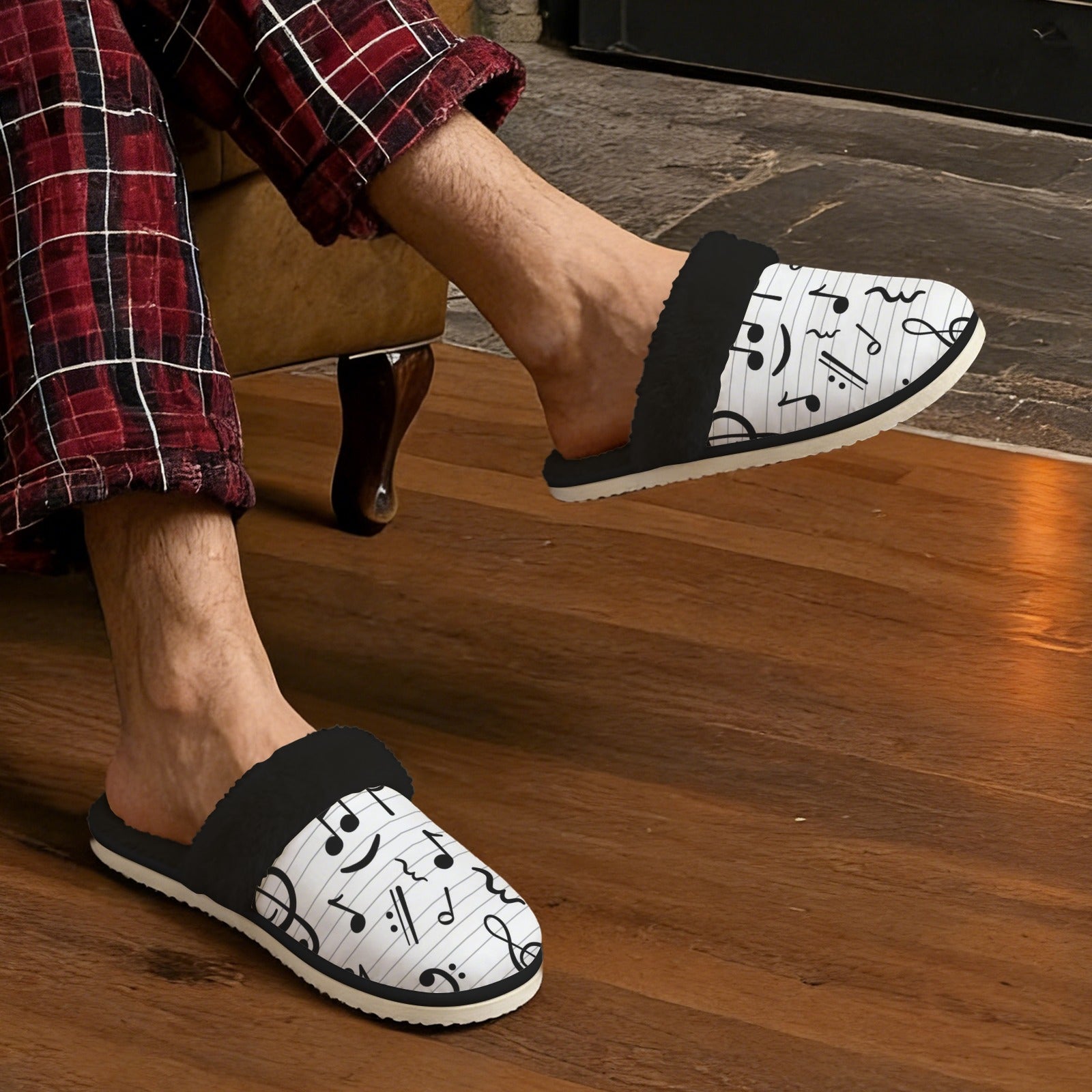 Music Stave Men's Fur Trim Thick-Sole Indoor Slippers Men's Fur Trimmed Slippers Music Printed Offshore