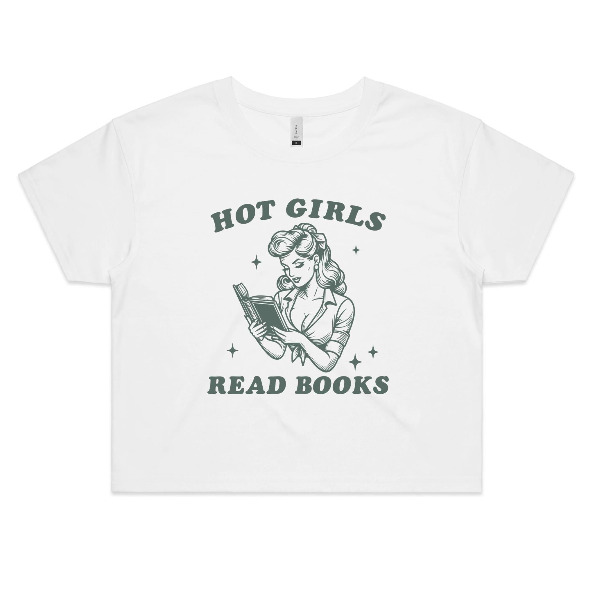 Hot Girls Read Books Women's AS Colour Crop Tee White Printed In Australia Reading