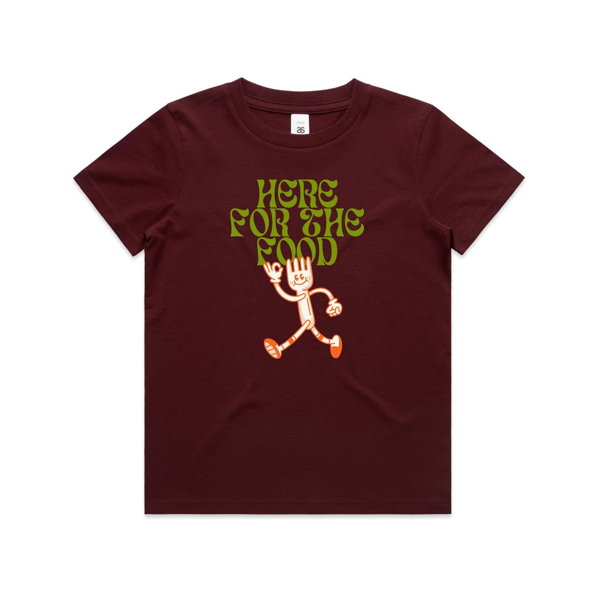 Here For The Food - Kids Youth T-shirt Burgundy Kids T-shirt Food Printed In Australia