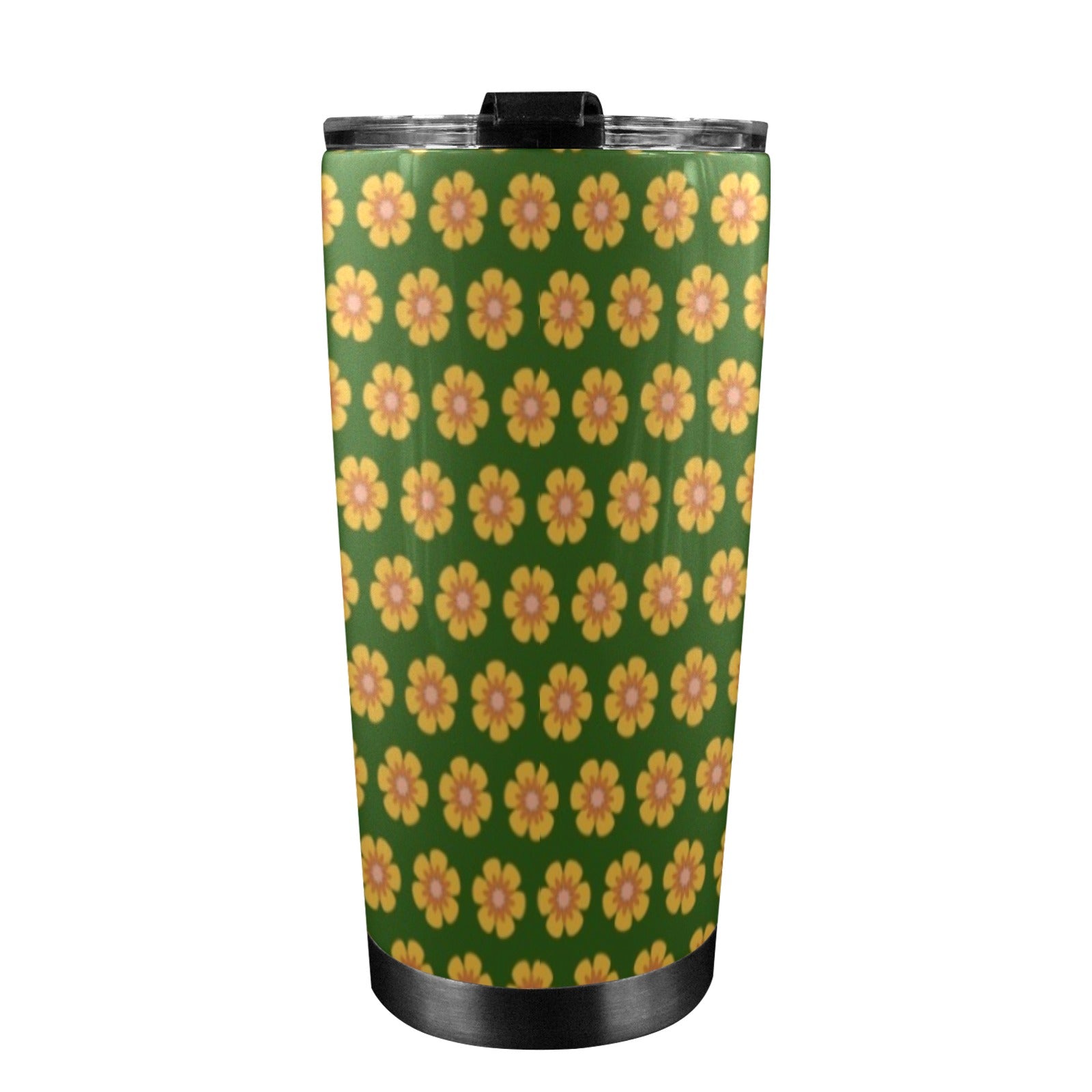 Yellow Flowers On Green 20oz Mobile Tumbler with Lid (Black Lock) 20oz Travel Mug Plants Printed Offshore