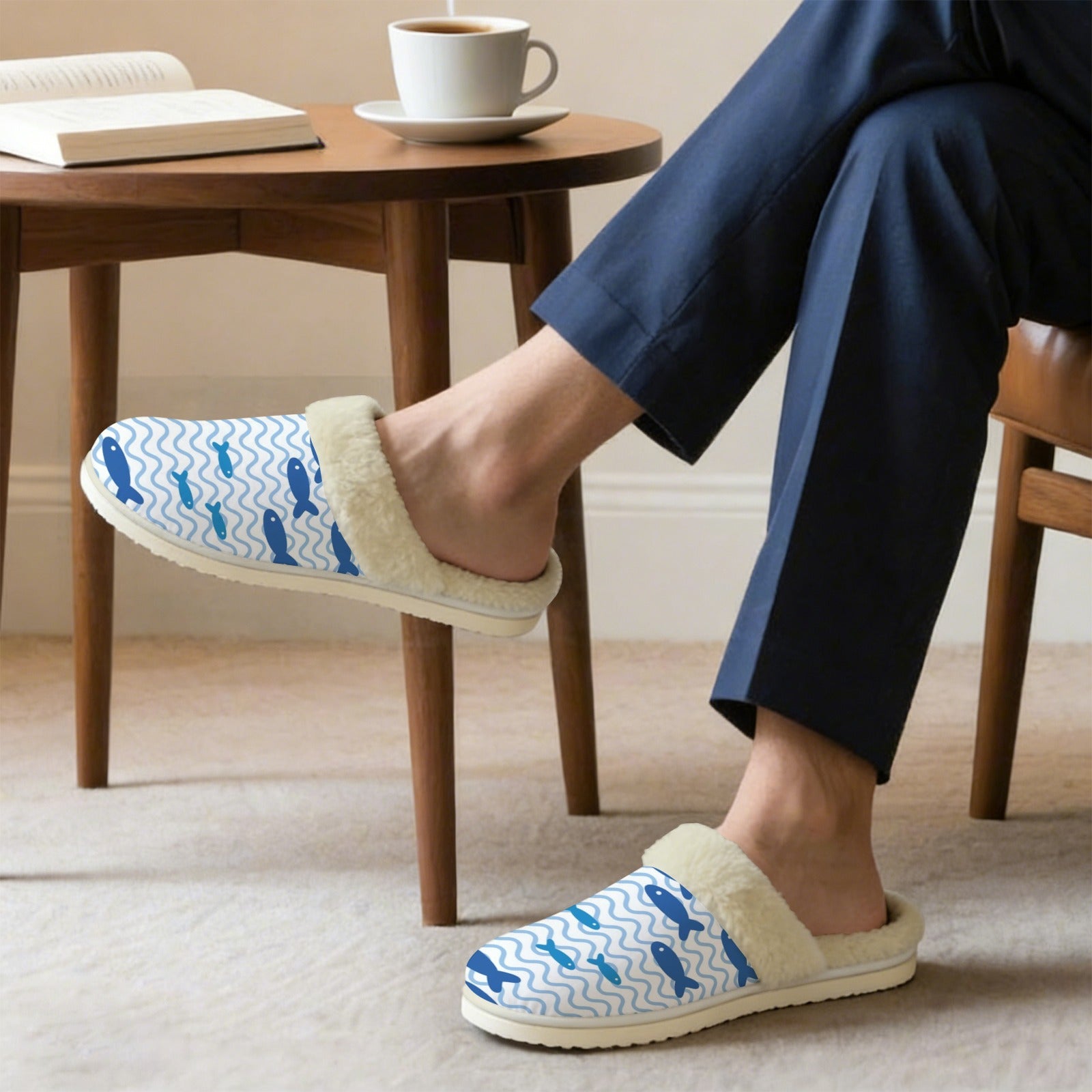 Simple Blue Fish Men's Fur Trim Thick-Sole Indoor Slippers Men's Fur Trimmed Slippers animal Ocean Printed Offshore