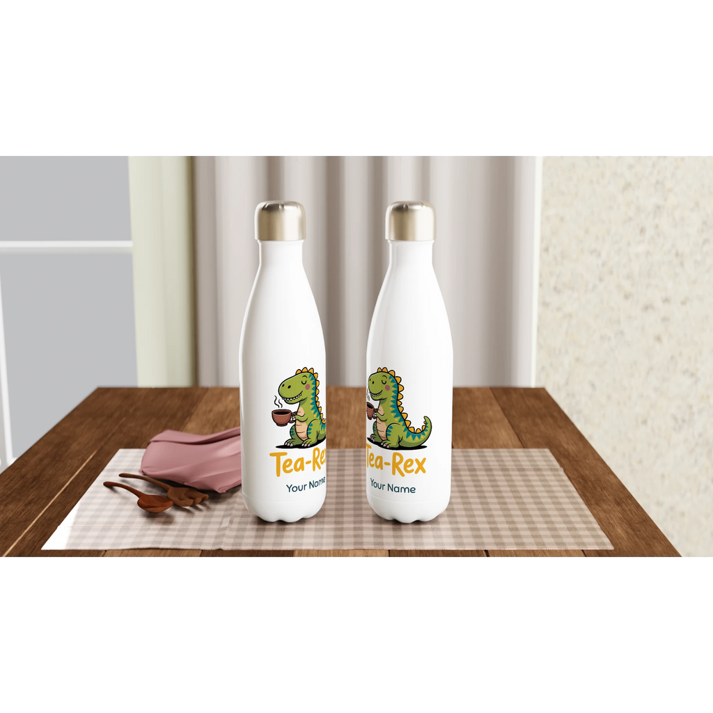 Personalised Tea-Rex, Tea Drinking Dinosaur White 17oz Stainless Steel Water Bottle Personalised Water Bottle Globally Fulfilled Tea