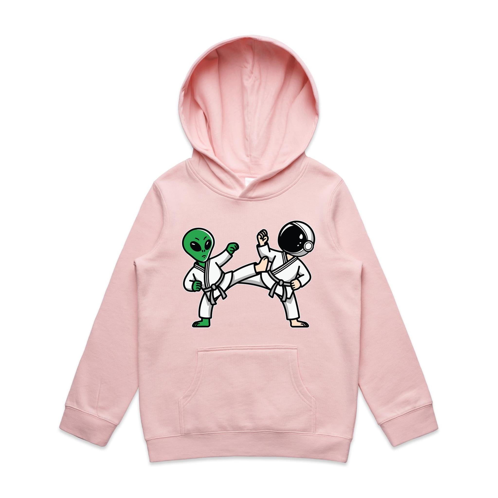 Alien And Astronaut Karate - Kids Hoodie Pink Kids Hoodie Printed In Australia