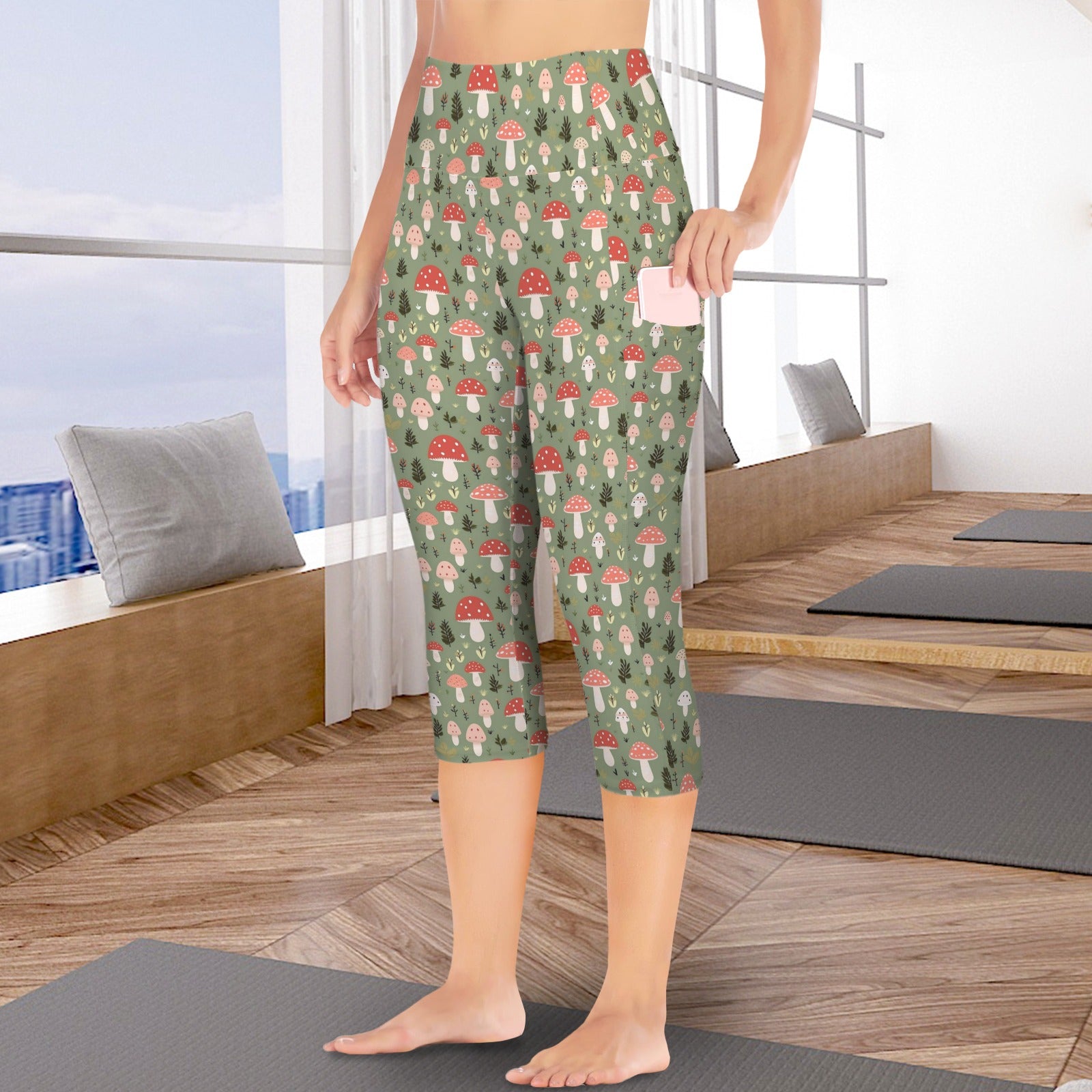 Mushroom Garden Women's High Waist Pocket Capri Yoga Leggings Women's High Waist Capri Yoga Leggings Plants Printed Offshore