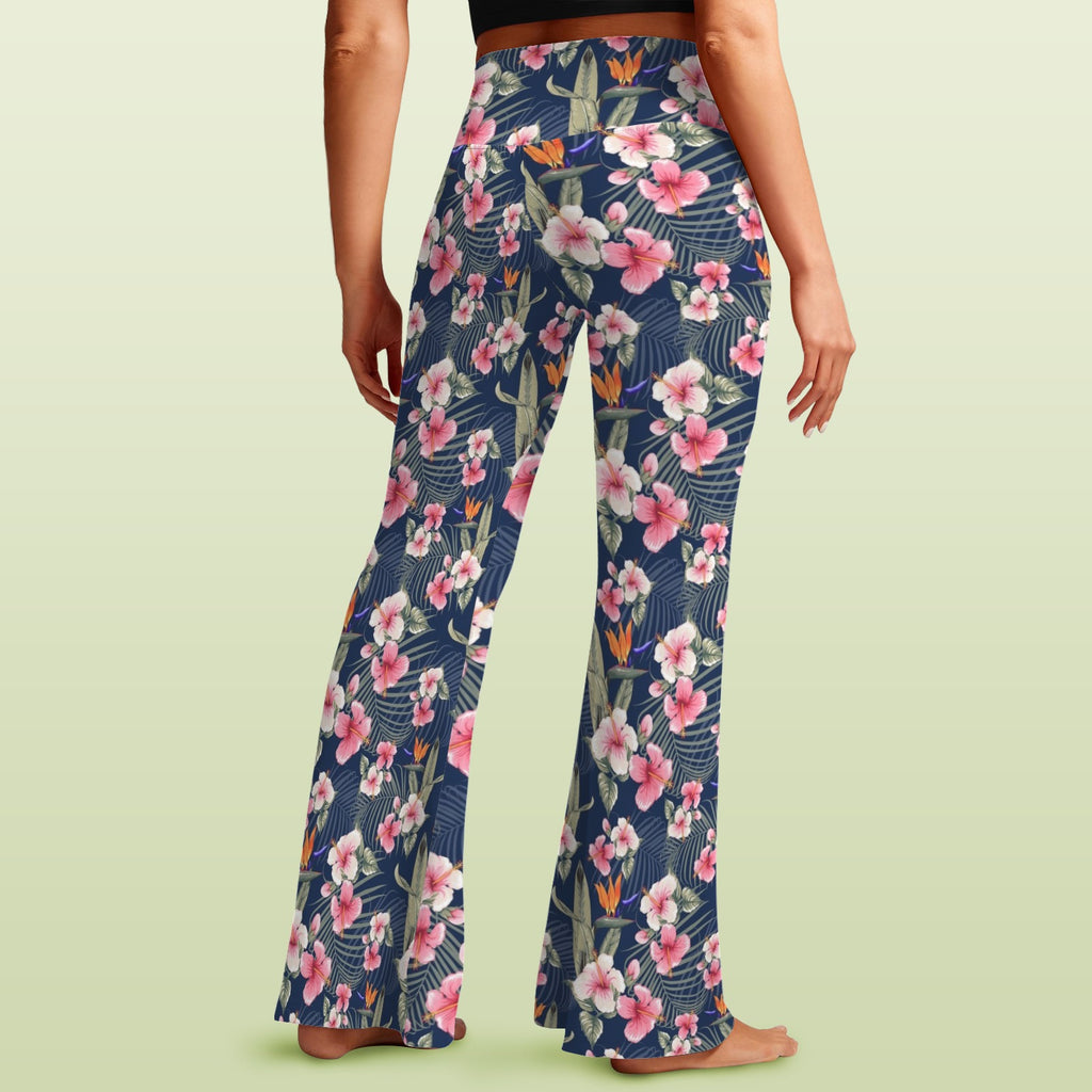 Dark Hawaiian Floral High Waist Crossover Tummy Control Flare Leggings