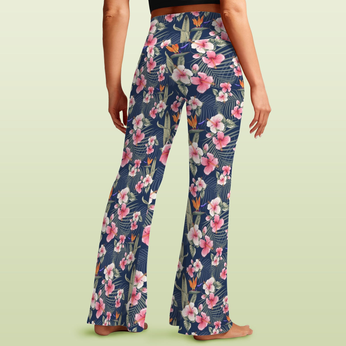 Dark Hawaiian Floral High Waist Crossover Tummy Control Flare Leggings