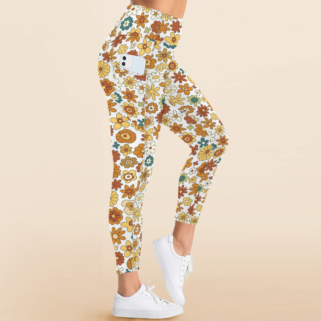 70's Style Floral Women's High Waist Pockets Yoga Leggings