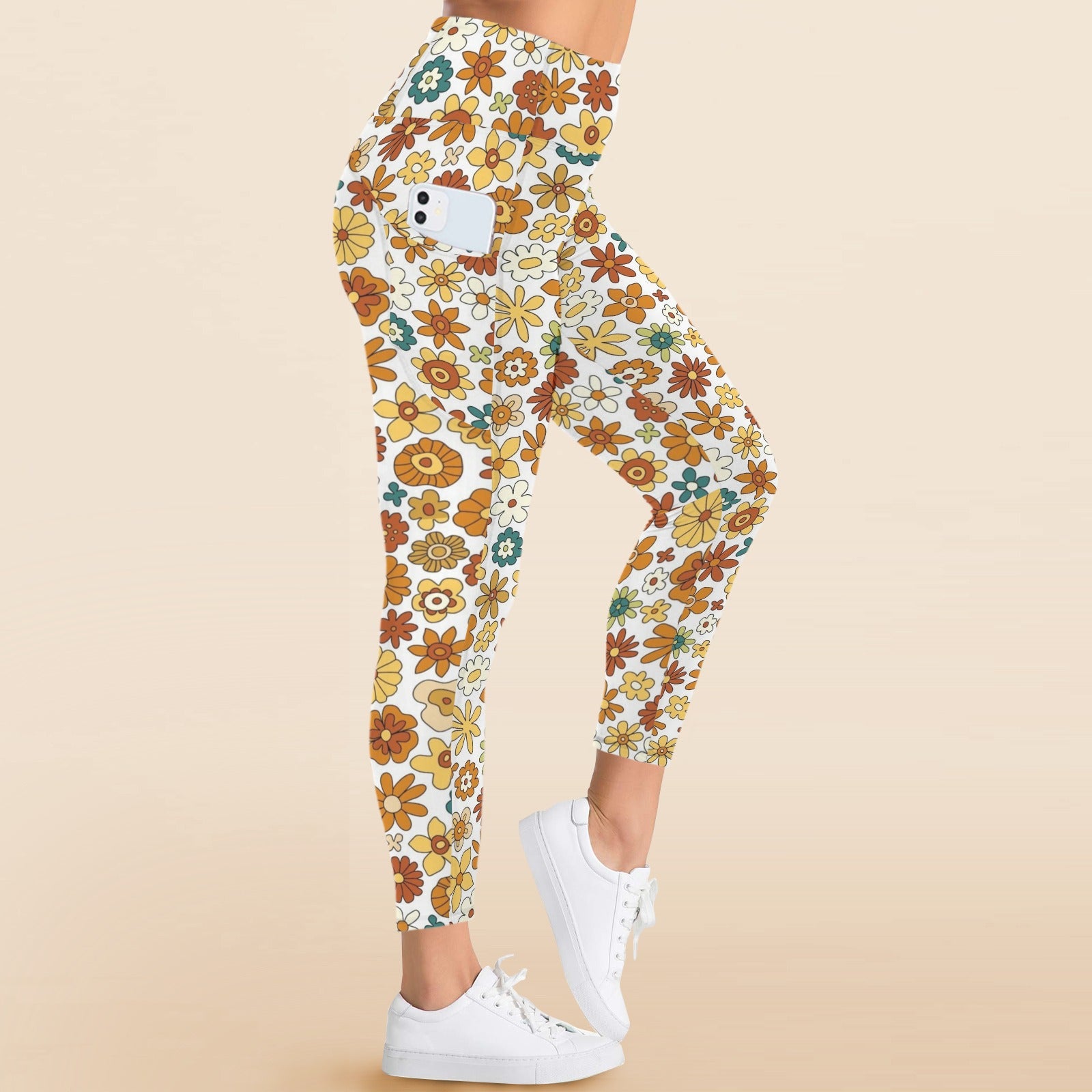 70's Style Floral Women's High Waist Pockets Yoga Leggings