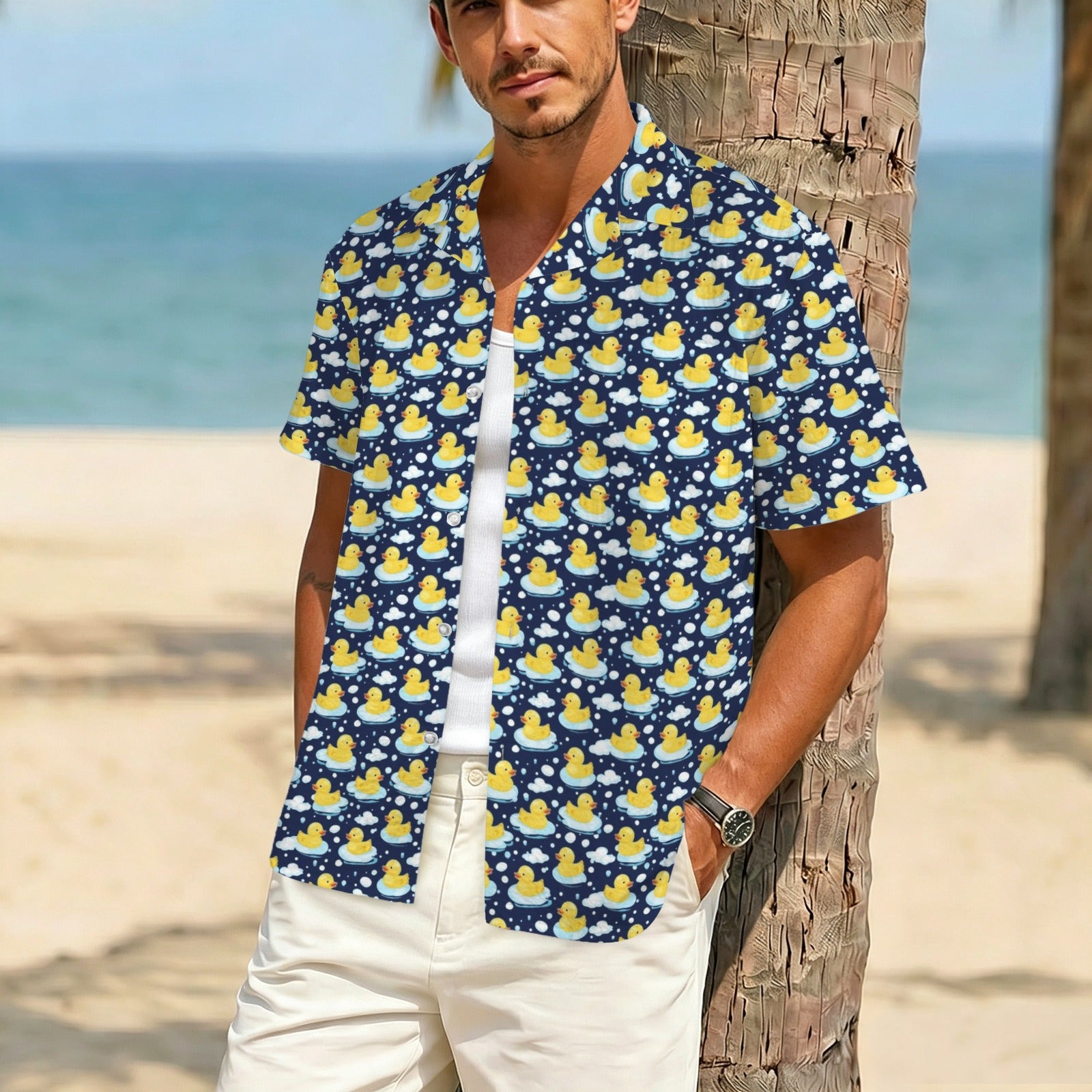 Rubber Ducks On Dark Men's Crinkle Hawaiian Shirt