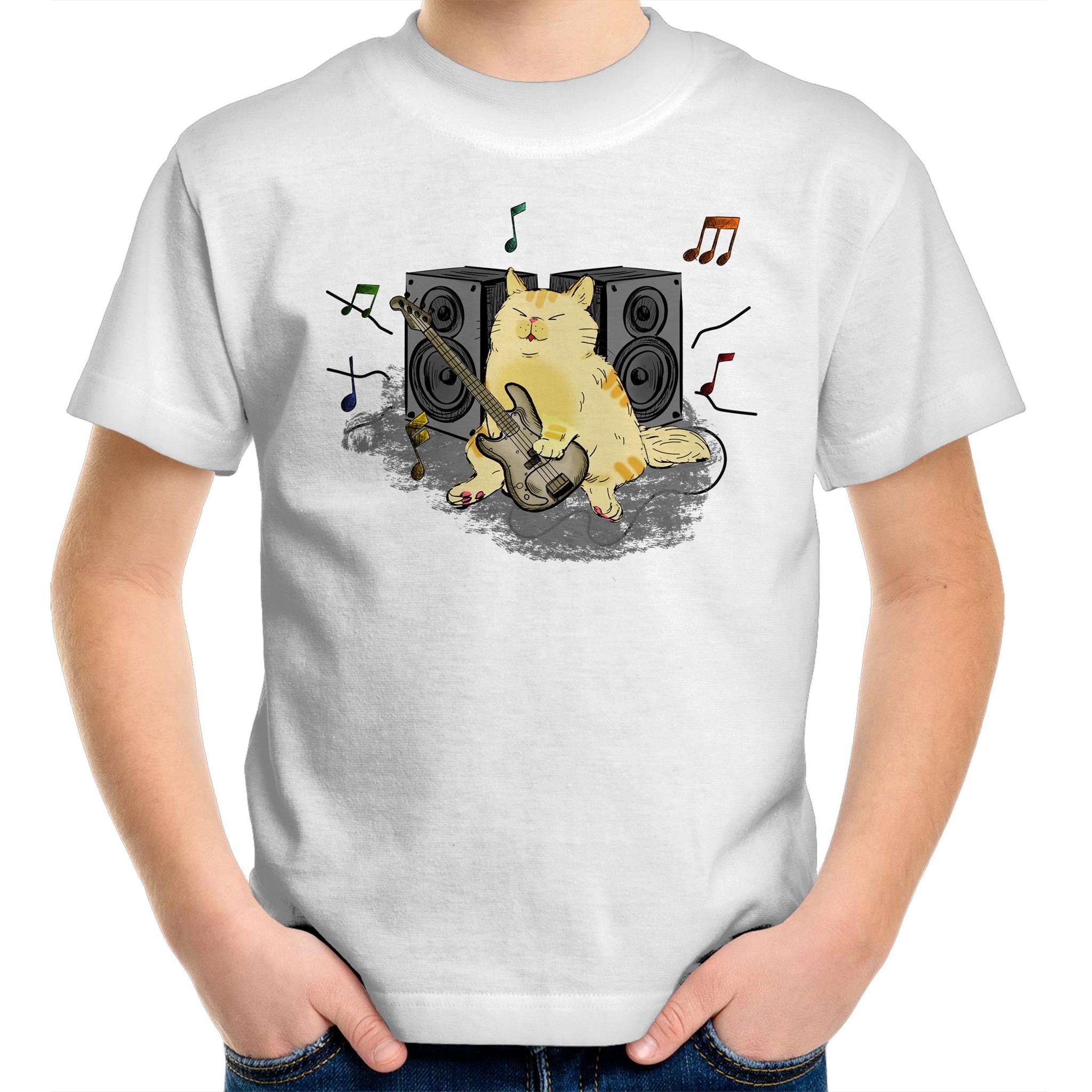 Cat Bass Player - Kids Youth T-Shirt White Kids Youth T-shirt animal Music Printed In Australia