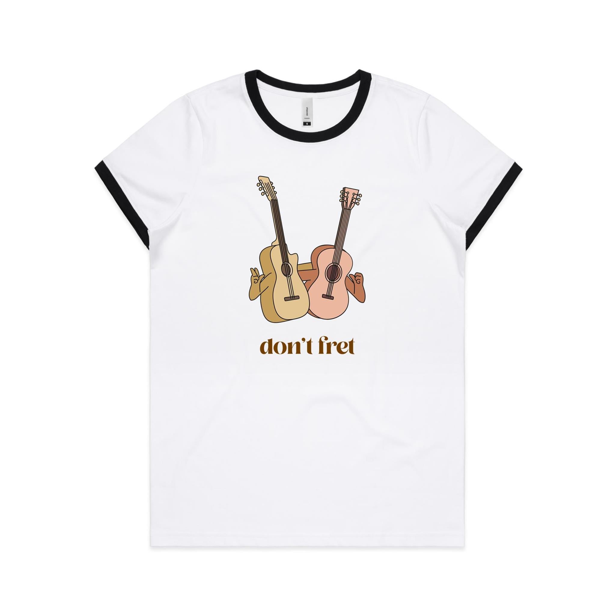 Guitars, Don't Fret - Women's Ringer Tee White Black Womens Ringer T-shirt Music Printed In Australia