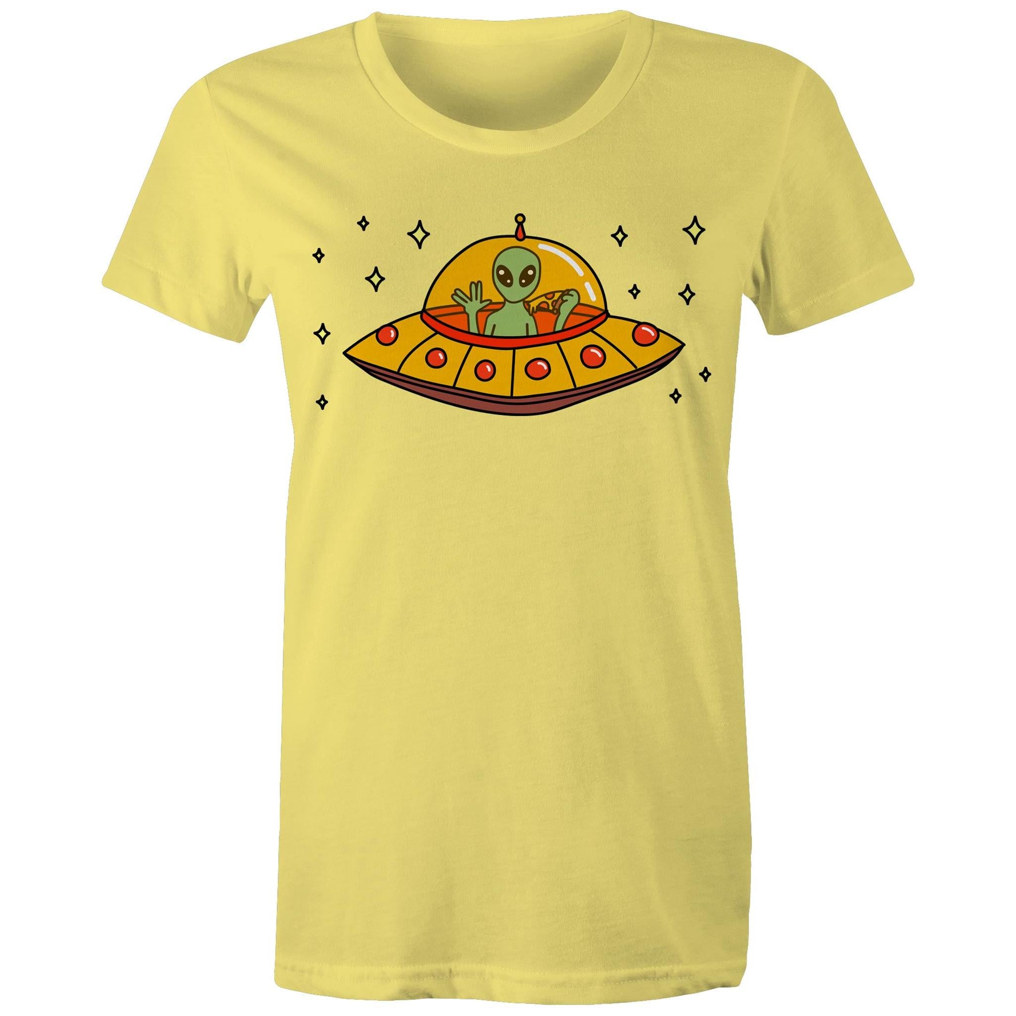 Alien Pizza - Womens T-shirt Yellow Womens T-shirt Food Printed In Australia Sci Fi