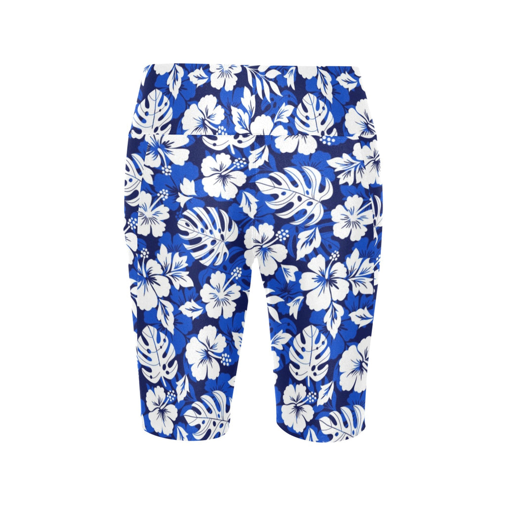 Blue Hawaiian Floral Women's Bike Shorts With Side Pockets Women's Bike Shorts Plants Printed Offshore