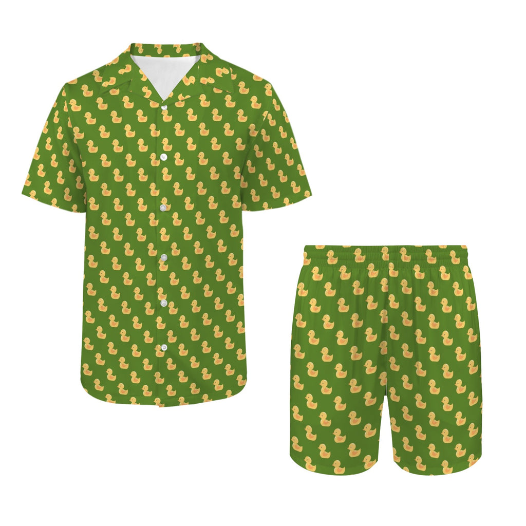 Rubber Ducks On Green Men's Hawaiian Shirt & Shorts Set