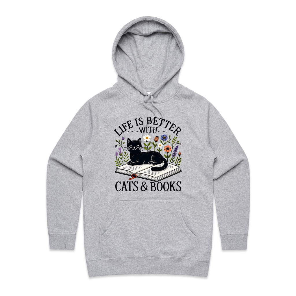 Life Is Better With Cats And Books - Womens Hoodie Grey Marle Womens Hoodie animal Printed In Australia Reading