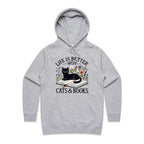 Life Is Better With Cats And Books - Womens Hoodie Grey Marle Womens Hoodie animal Printed In Australia Reading