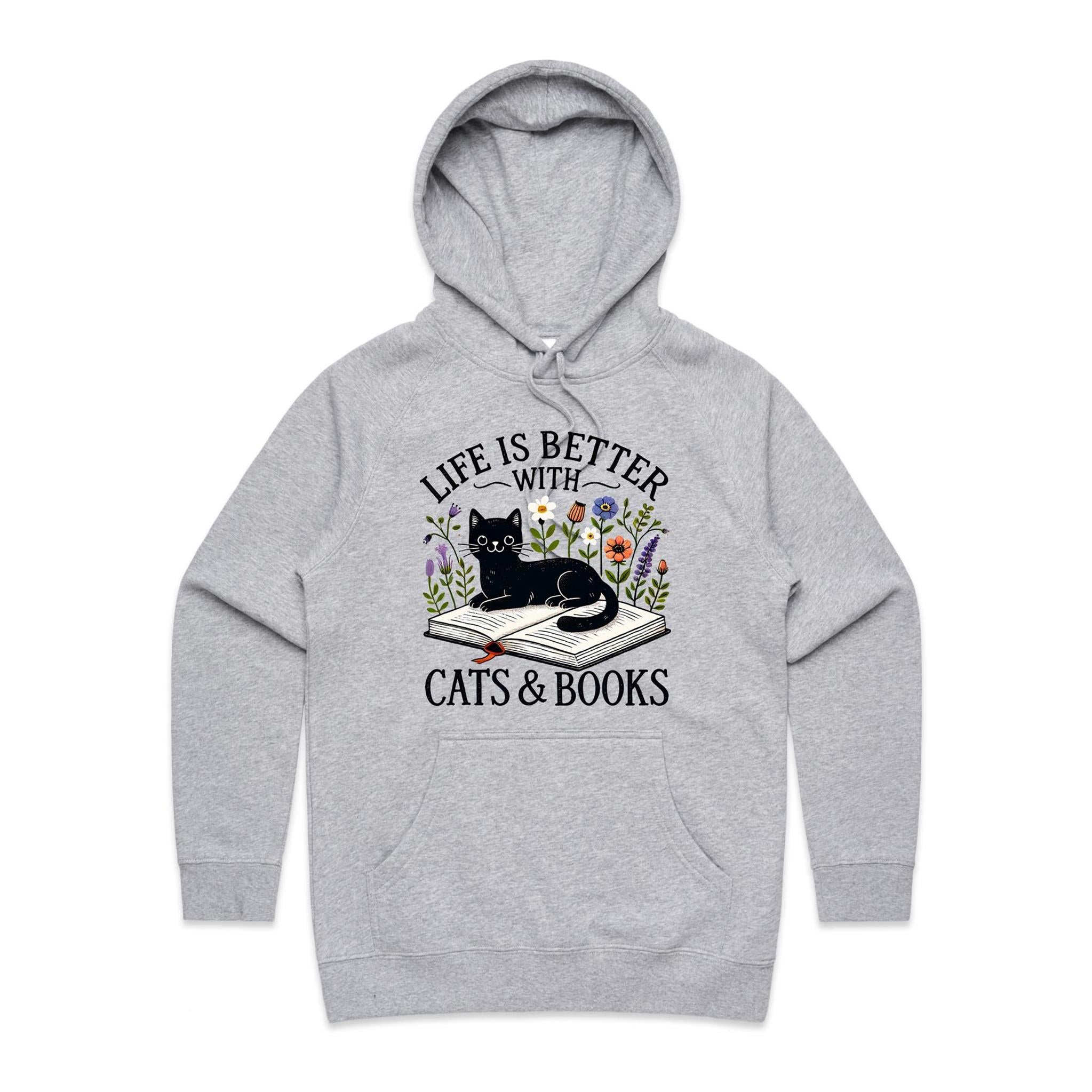 Life Is Better With Cats And Books - Womens Hoodie Grey Marle Womens Hoodie animal Printed In Australia Reading