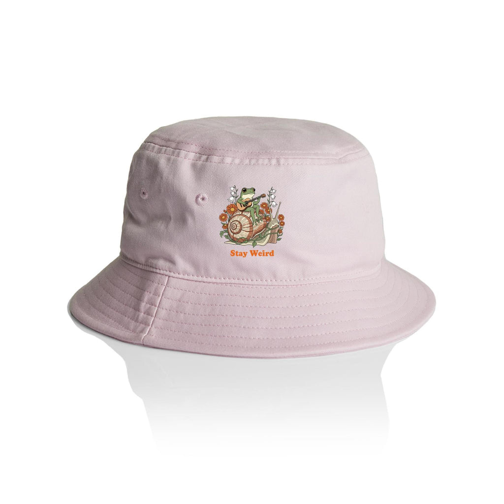 Stay Weird, Guitar Playing Frog On A Snail AS Colour Bucket Hat Orchid One Size As Colour Bucket Hat animal Music Printed In Australia