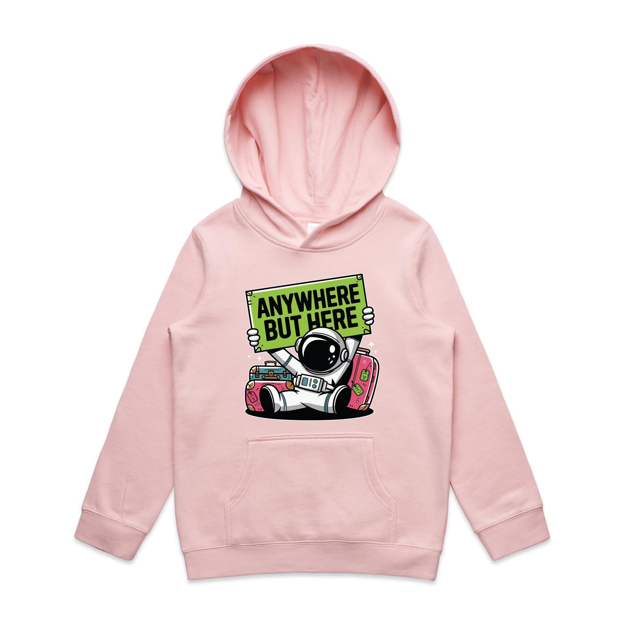 Astronaut, Anywhere But Here - Kids Hoodie Pink Kids Hoodie Printed In Australia