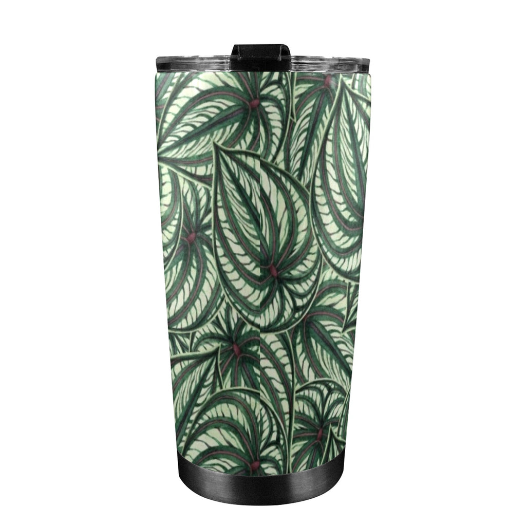 Stripy Leaves 20oz Mobile Tumbler with Lid (Black Lock) 20oz Travel Mug Plants Printed Offshore