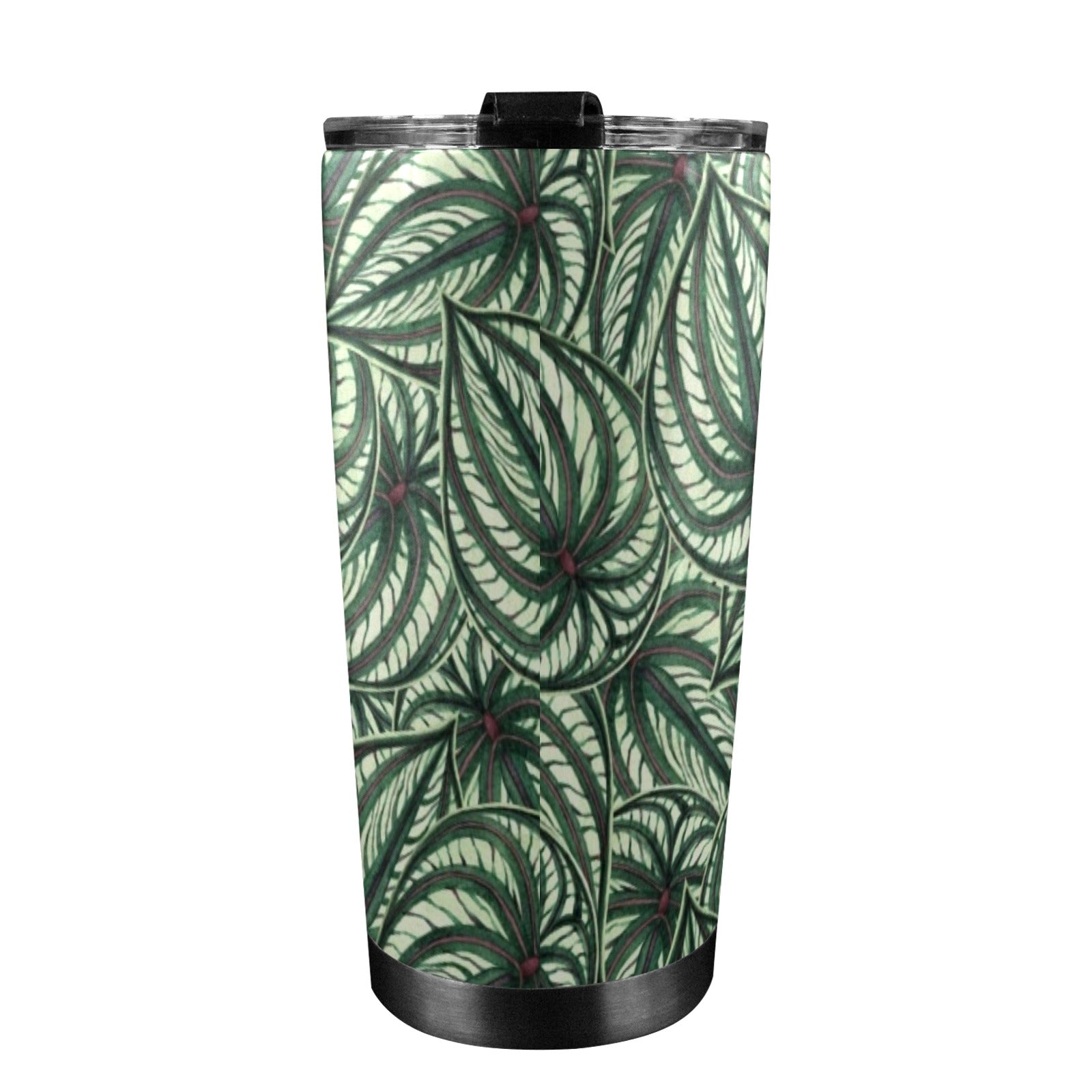Stripy Leaves 20oz Mobile Tumbler with Lid (Black Lock) 20oz Travel Mug Plants Printed Offshore