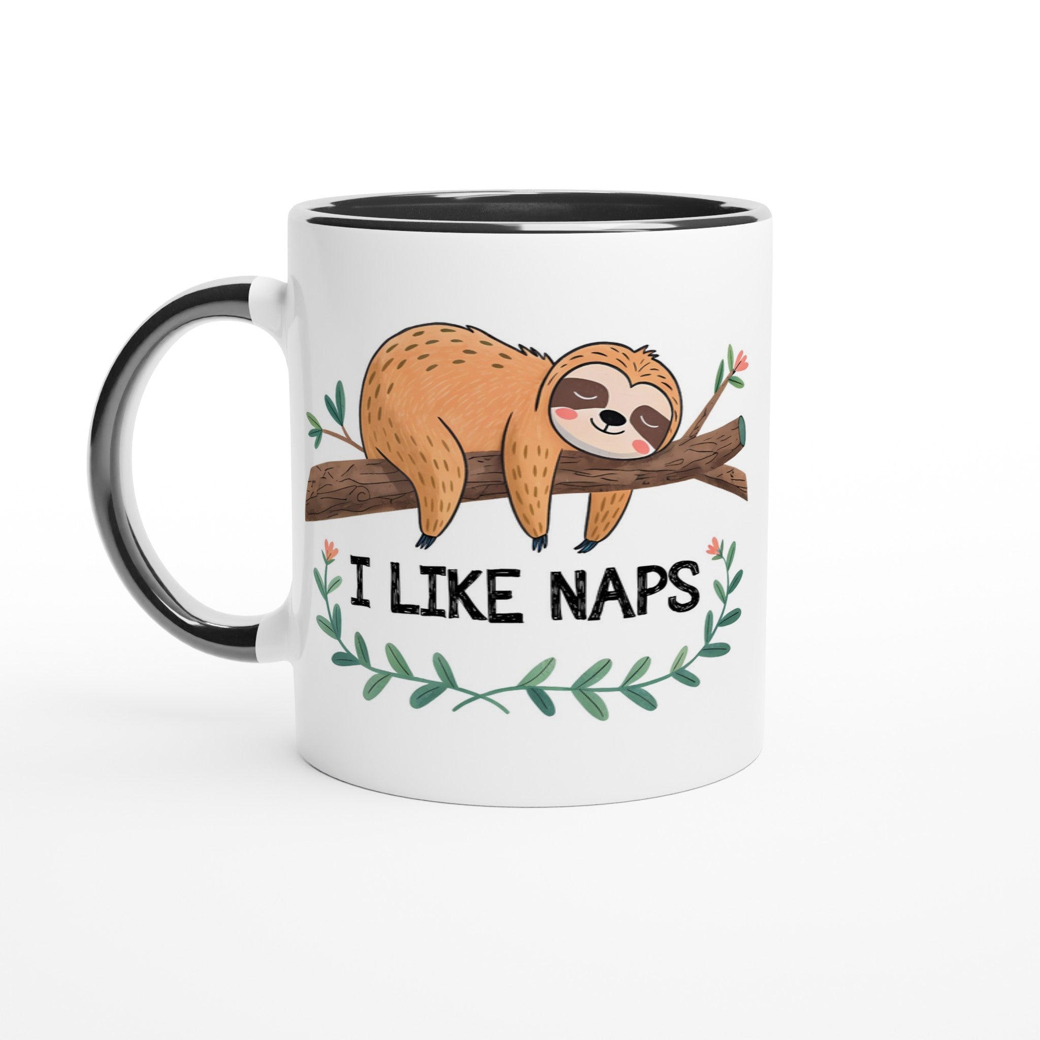 Sloth, I Like Naps - White 11oz Ceramic Mug with Colour Inside Ceramic Black Colour 11oz Mug animal Globally Fulfilled