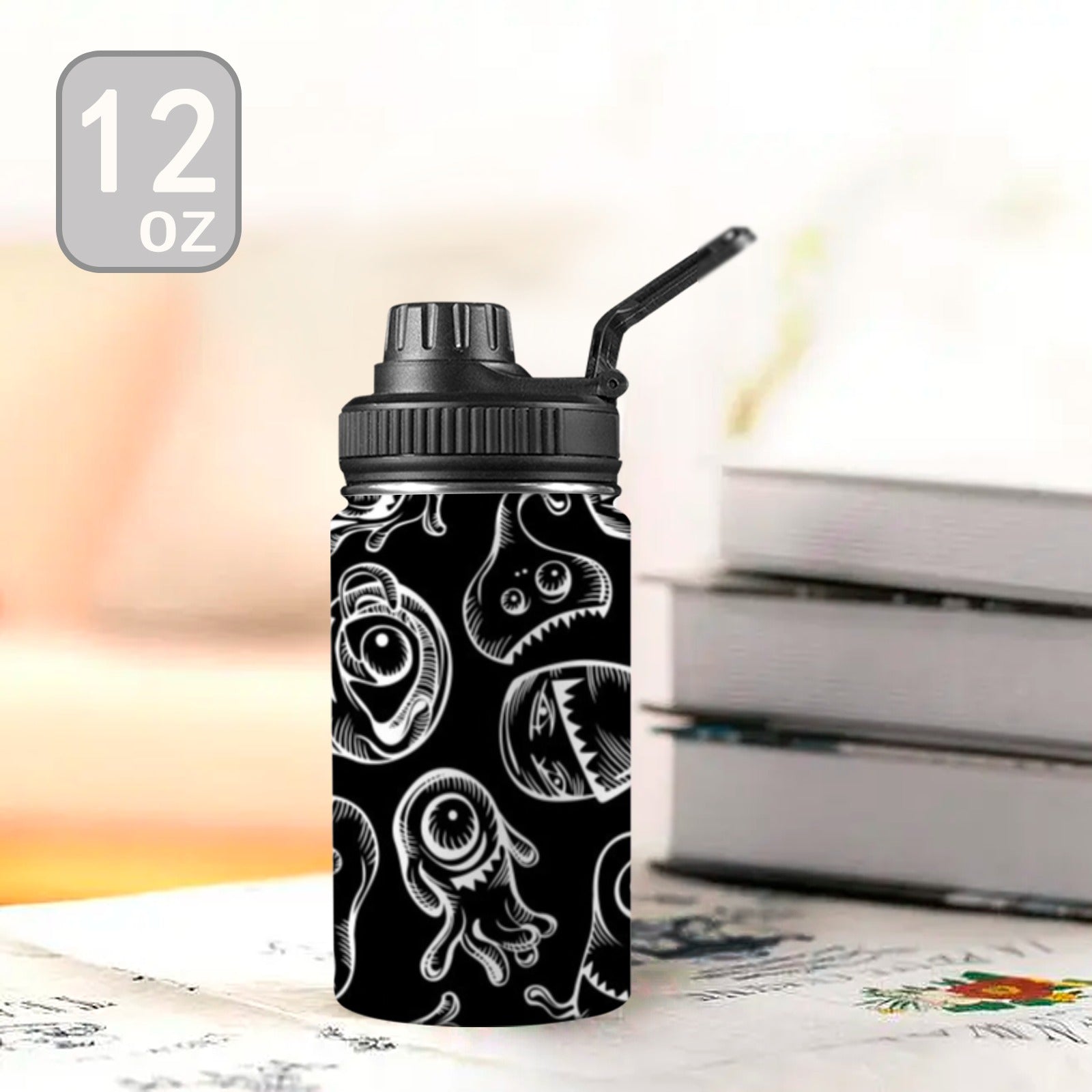 Monsters In Black And White Kids Water Bottle with Chug Lid (12 oz) Kids Water Bottle with Chug Lid Printed Offshore Sci Fi