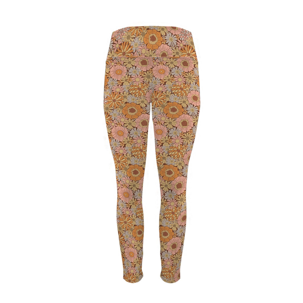 Orange Retro Floral Women's High Waist Pockets Yoga Leggings