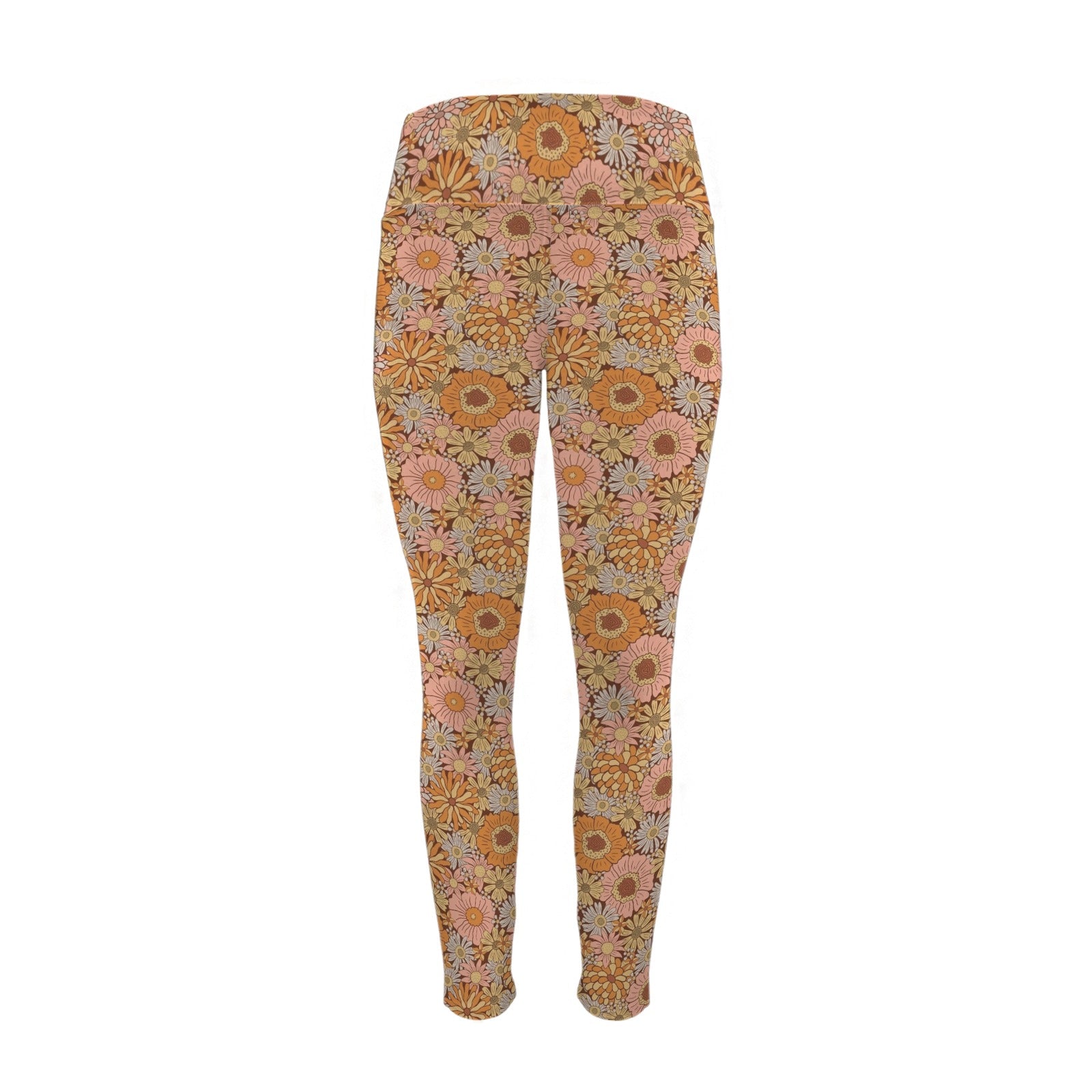 Orange Retro Floral Women's High Waist Pockets Yoga Leggings
