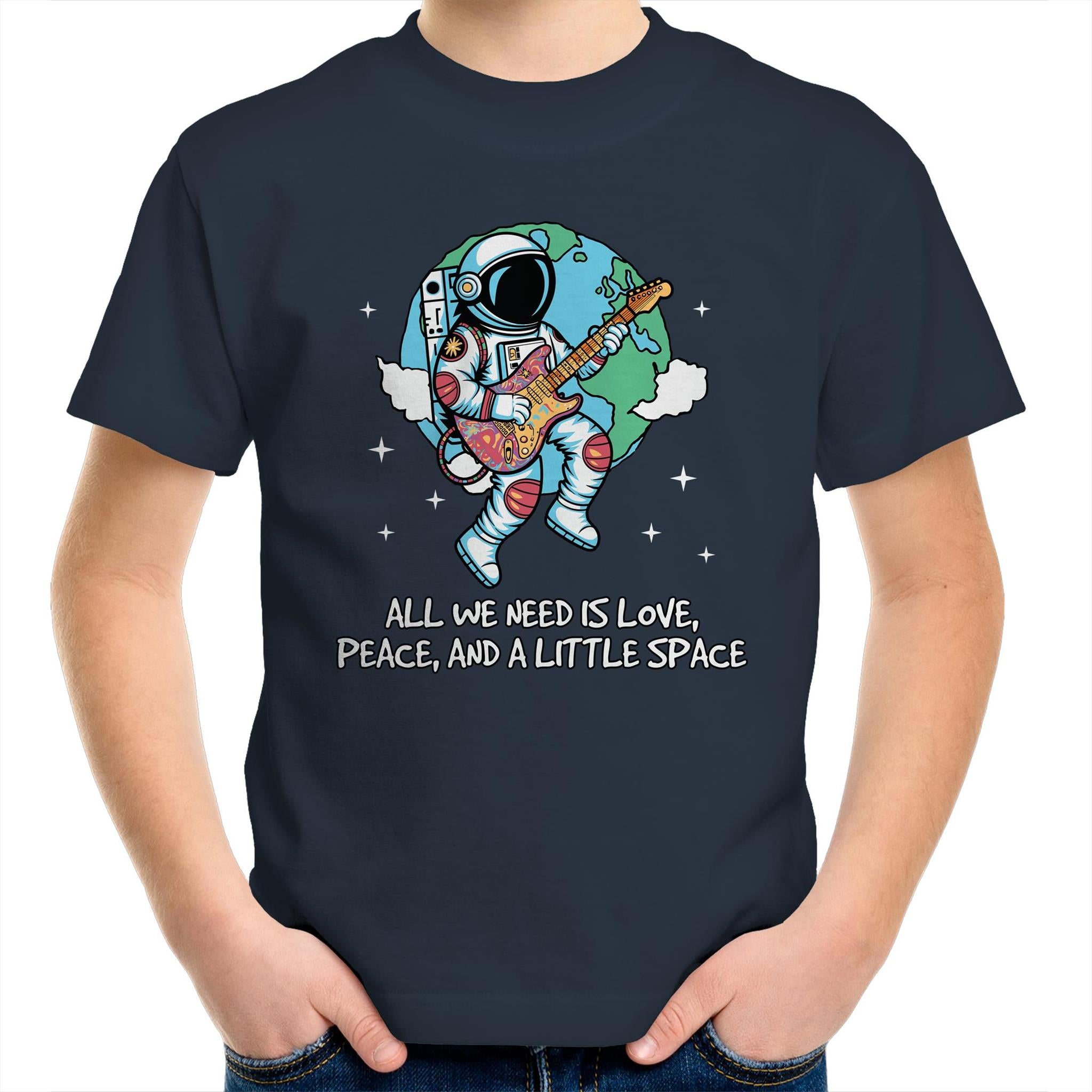 Astronaut, All We Need Is Love, Peace And A Little Space - Kids Youth T-Shirt Navy Kids Youth T-shirt Music Printed In Australia Space