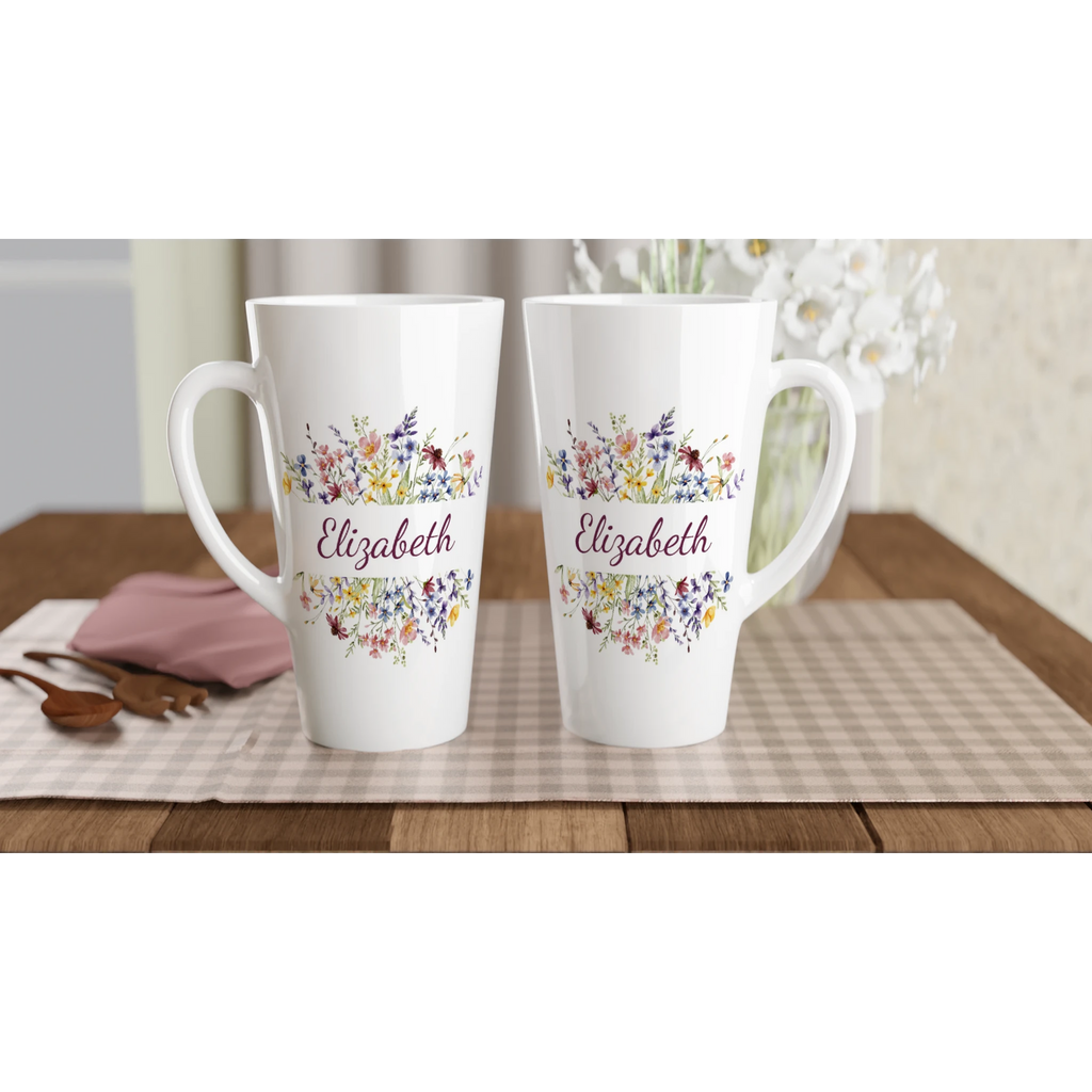 Personalise - Flower Frame Name - White Latte 17oz Ceramic Mug Personalised Latte Mug customise Globally Fulfilled Name Plants