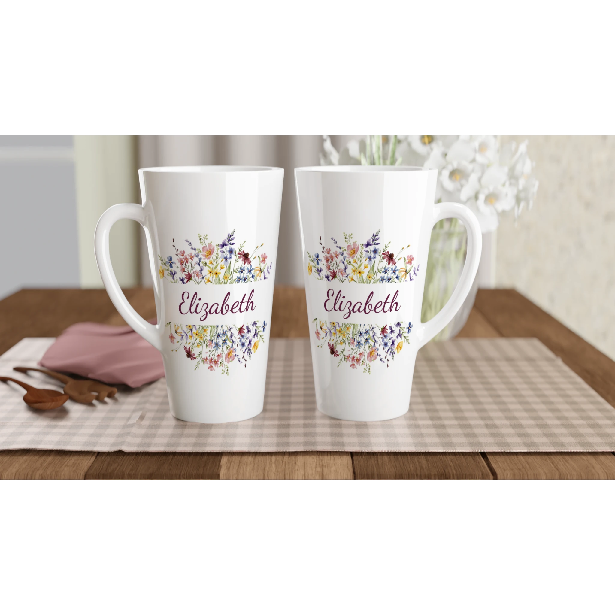 Personalise - Flower Frame Name - White Latte 17oz Ceramic Mug Personalised Latte Mug customise Globally Fulfilled Name Plants