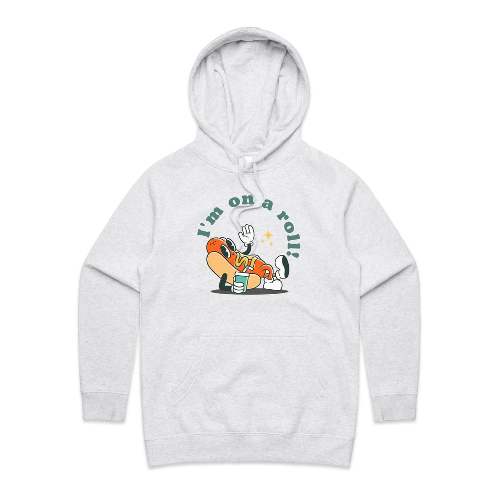 Hotdog, I'm On A Roll - Womens Hoodie White Marle Womens Hoodie Food Printed In Australia