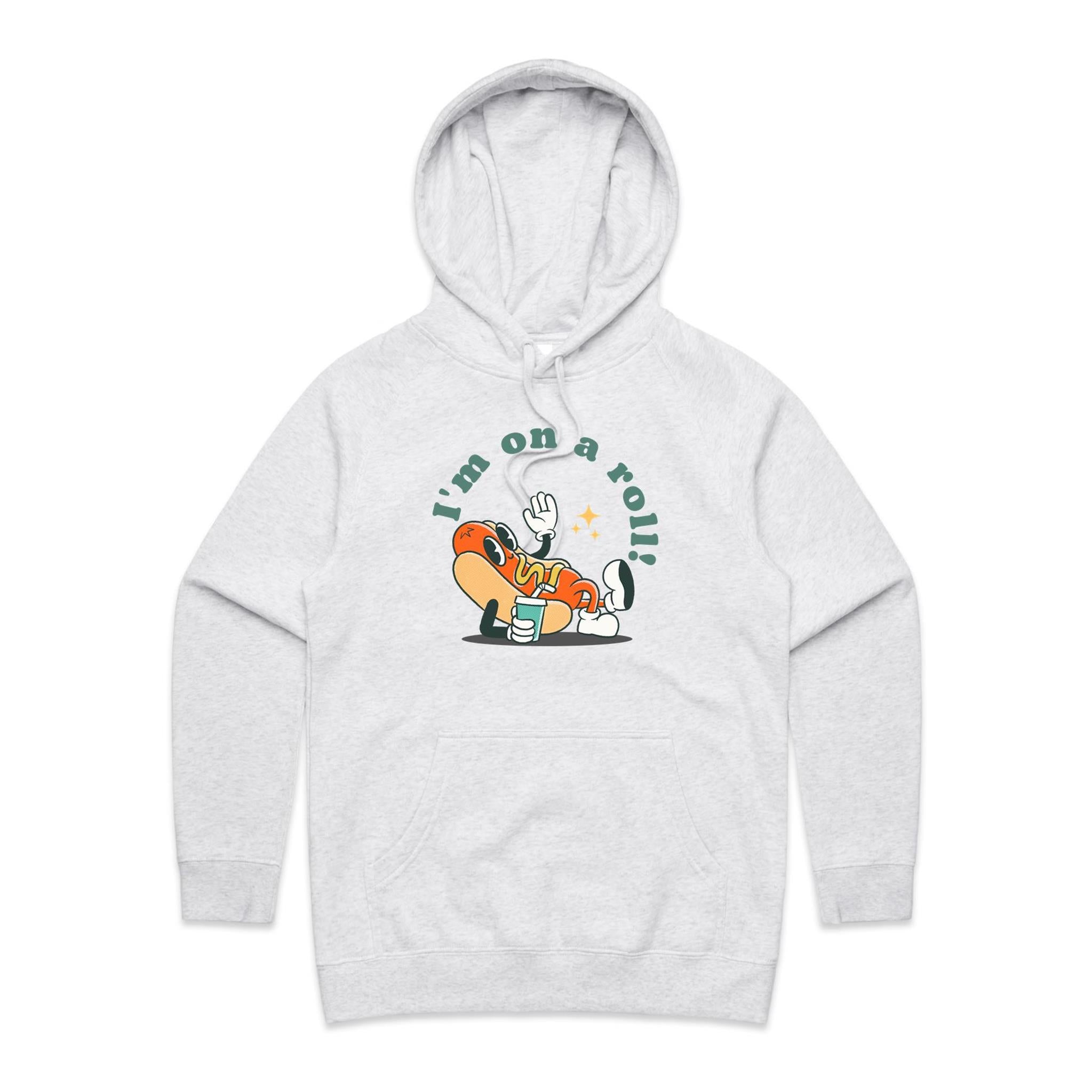 Hotdog, I'm On A Roll - Womens Hoodie White Marle Womens Hoodie Food Printed In Australia