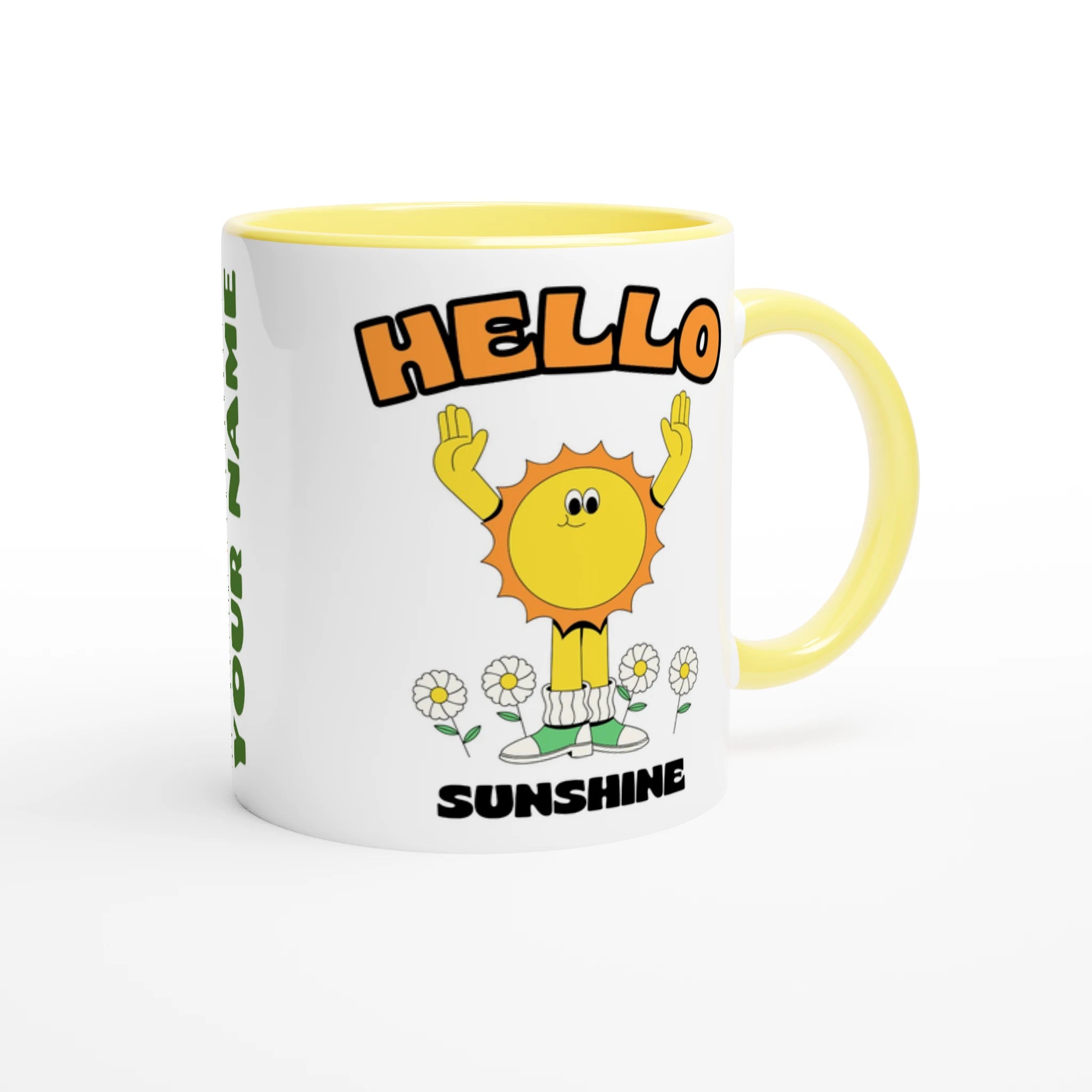 Personalised - Hello Sunshine - White 11oz Ceramic Mug with Colour Inside Personalised 11oz Mug customise Globally Fulfilled personalise Retro Summer